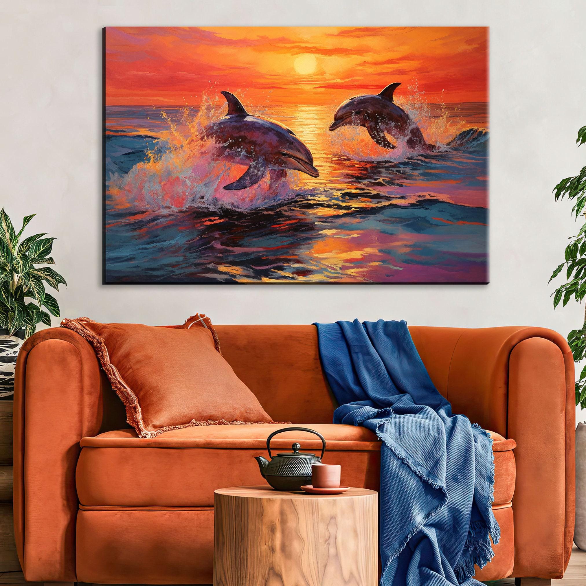 Dolphin Canvas Art – Tropical Dolphin Painting on UV Coated Large Canvas Wall Decor