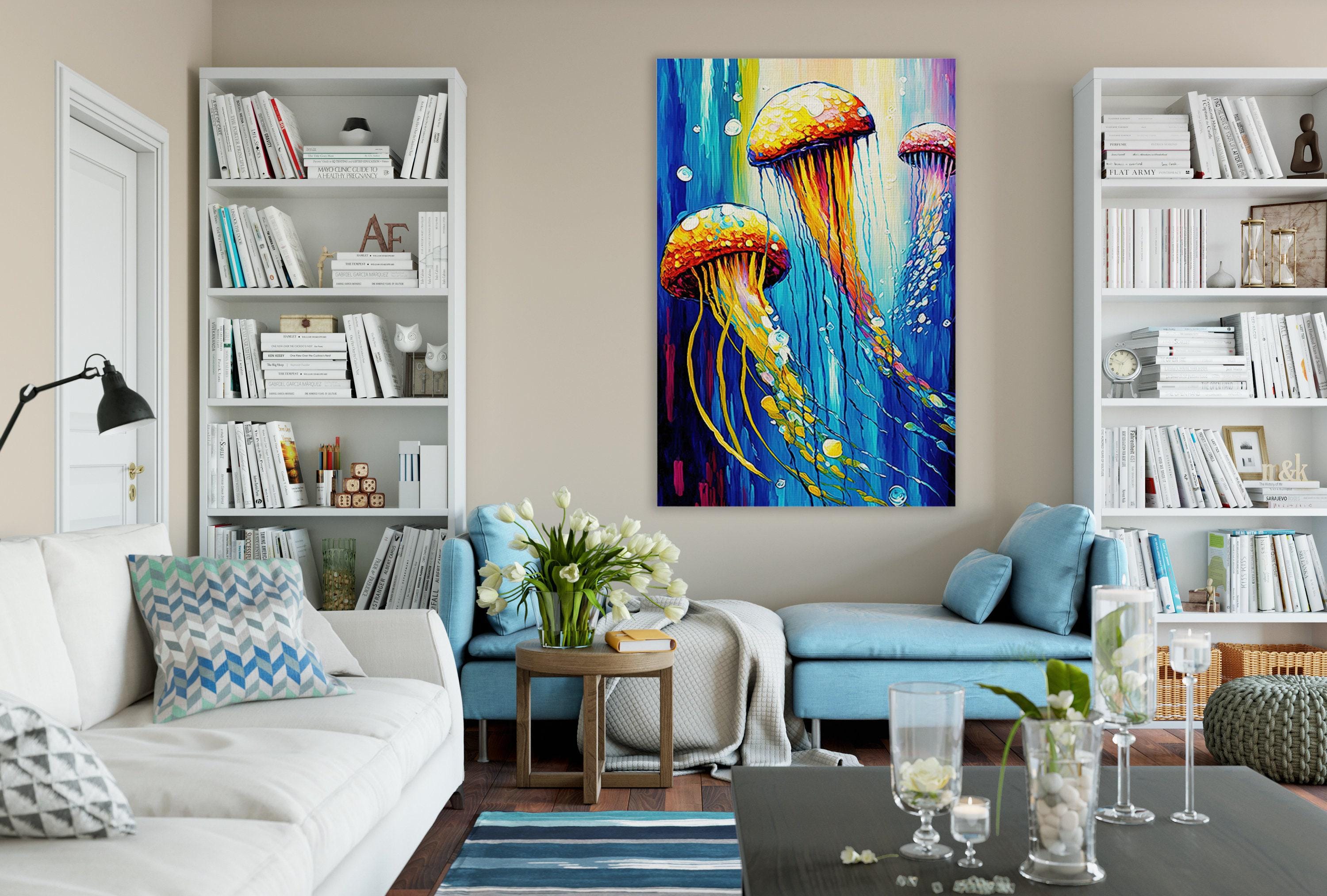 Jellyfish Art Print – Vibrant Trio Jellyfish Painting on Underwater Canvas