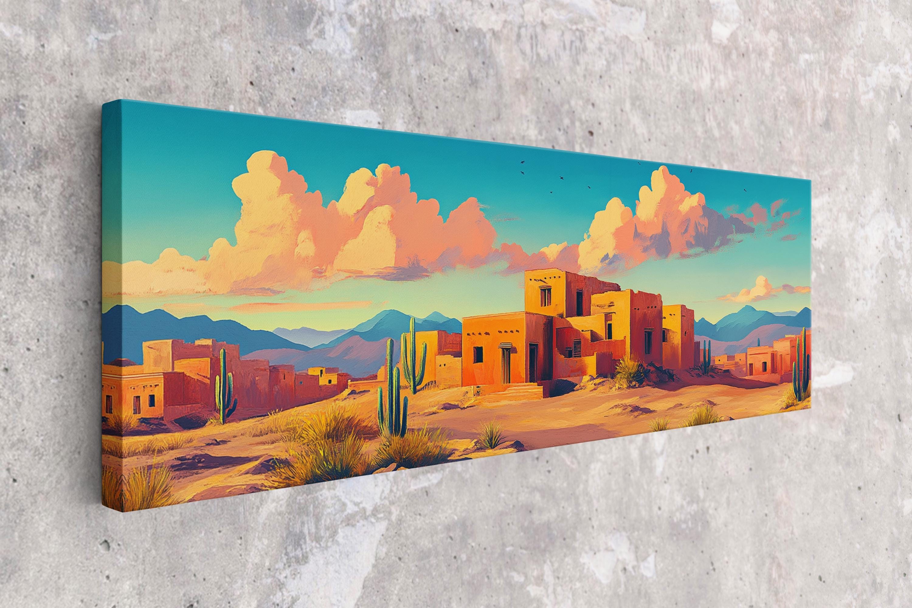 a painting of a desert scene with a sky background