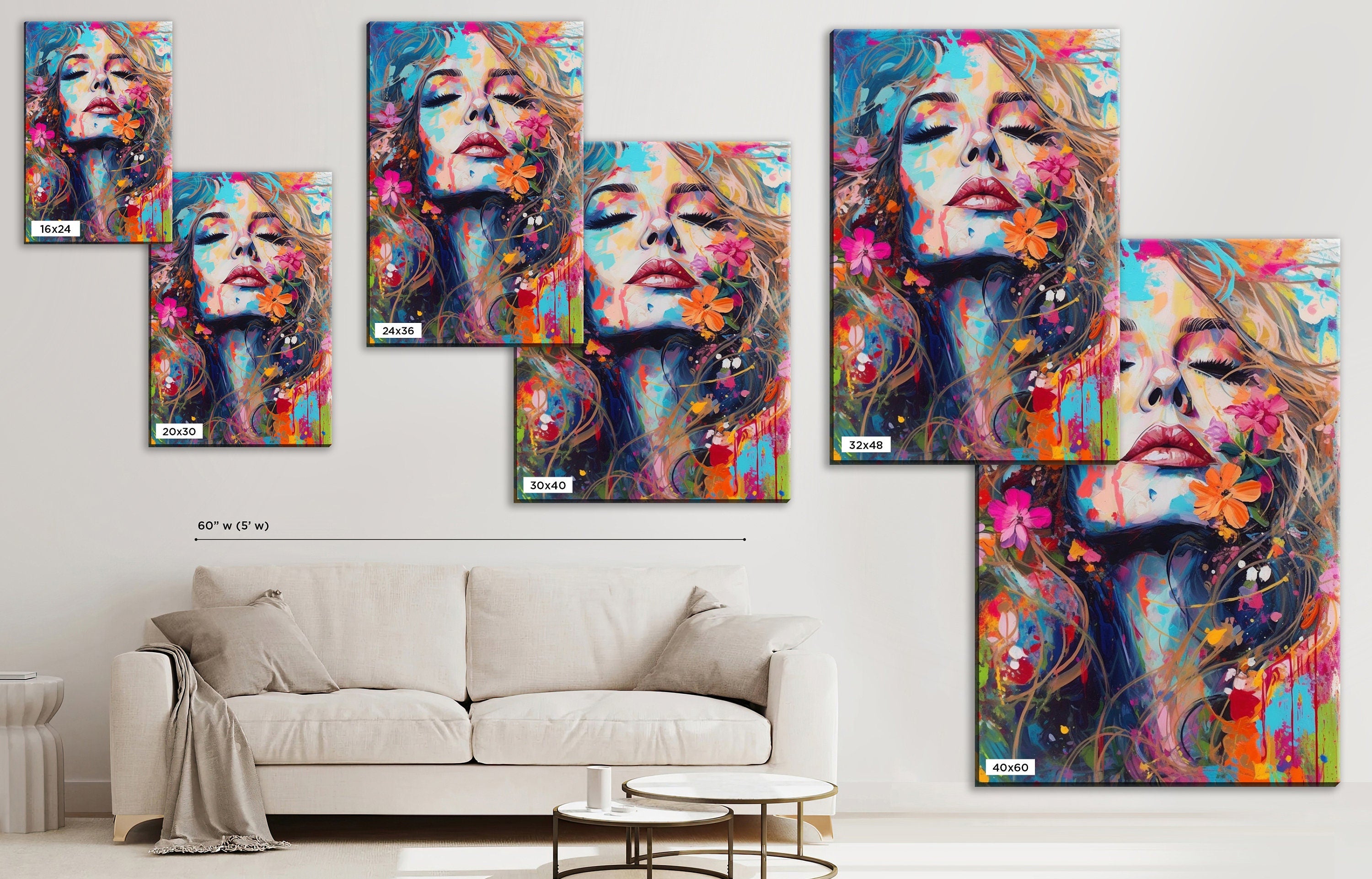 Woman Face Canvas - Large Floral Female Decor | Expressive Modern Art Print