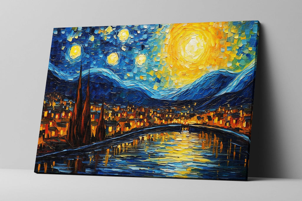 The image is a painting depicting a night scene with a starry sky, a river, and a cityscape reflected in the water.