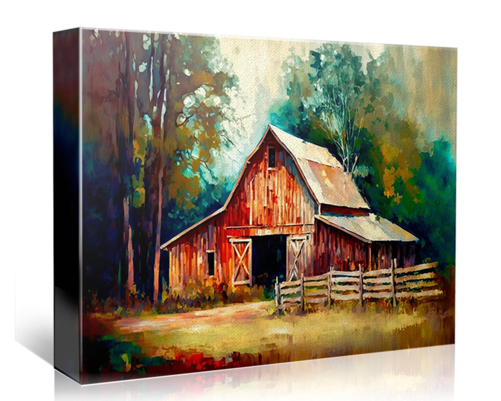 Farmhouse Canvas Art - Large Canvas Print | Rustic Style Art with Old Red Barn
