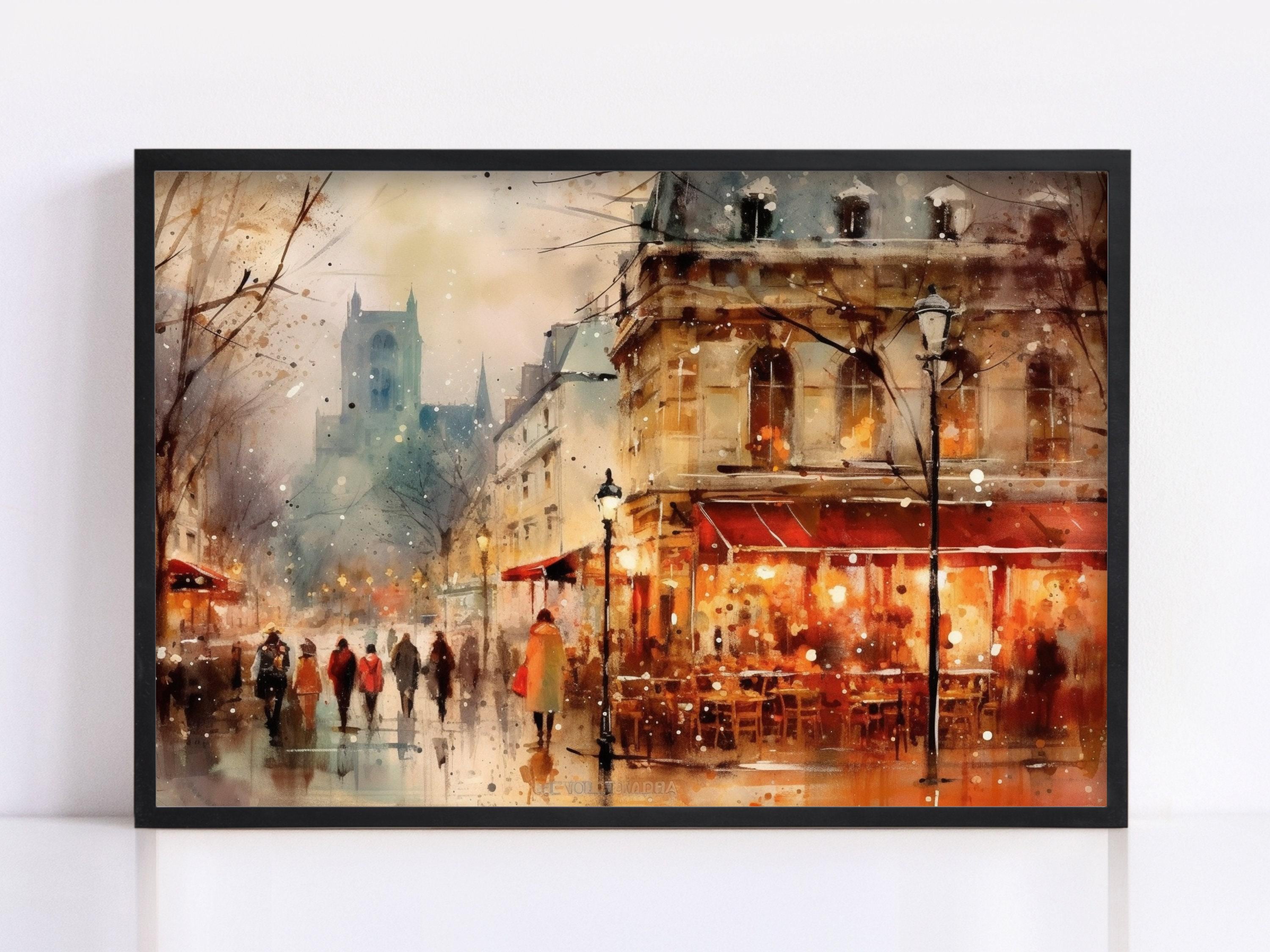 Winter in Paris Watercolor Painting - Holiday Art, Giclee Print on Canvas, Artist Paper, Watercolor Paper, Available in Extra Large Sizes
