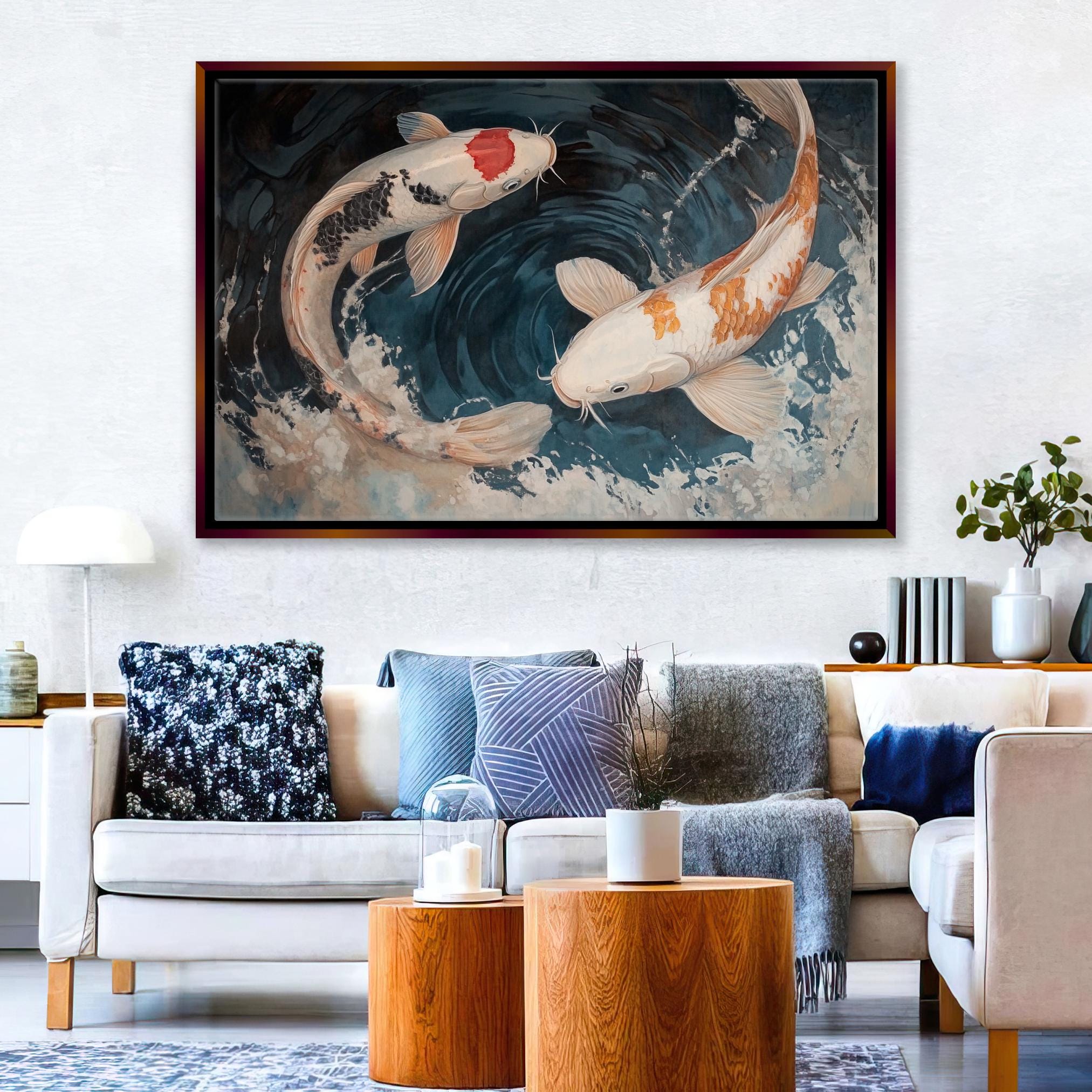 a living room with a couch and a painting on the wall