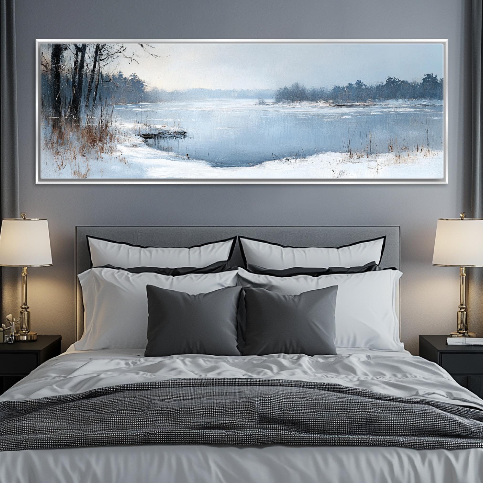a bedroom with a large painting hanging above the bed