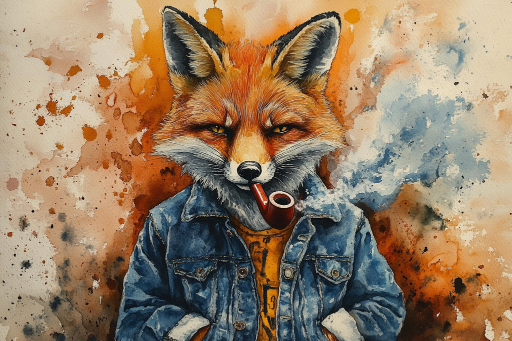 A fox wearing a denim jacket and smoking a pipe, with a colorful background.