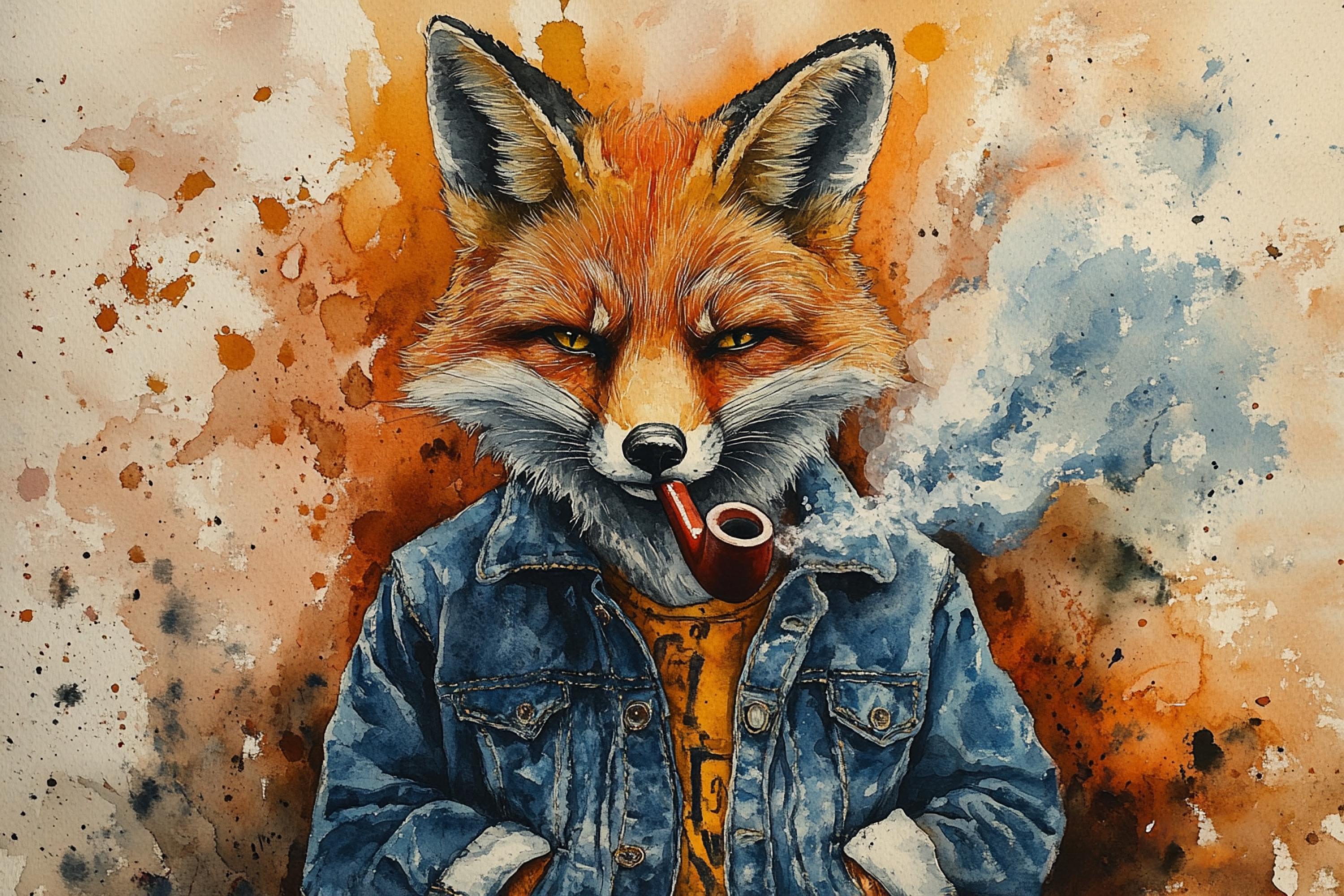 A fox wearing a denim jacket and smoking a pipe, with a colorful background.