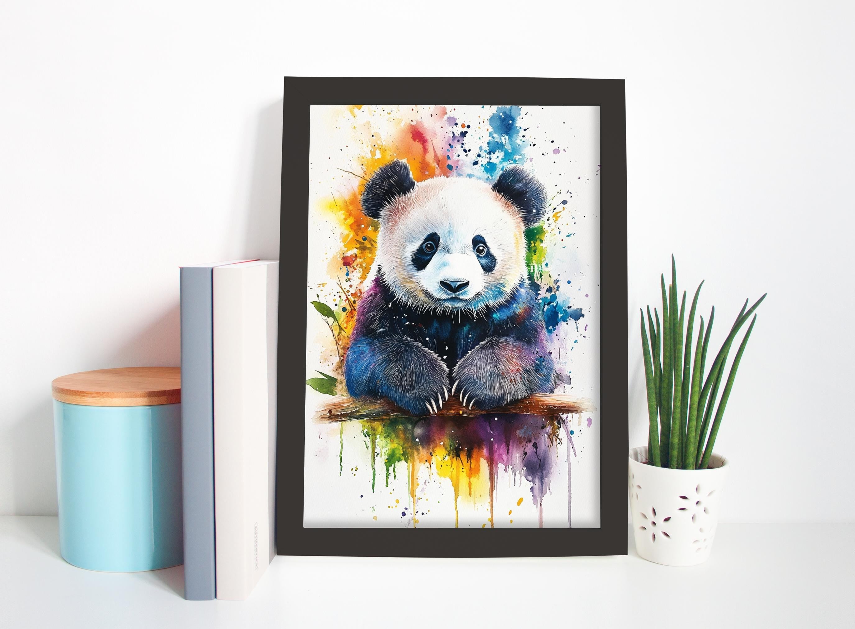 Cute Panda Bear Watercolor Painting Print, Giclee Print on Canvas, Artist Paper, Framed or Unframed, Available in Extra Large Sizes