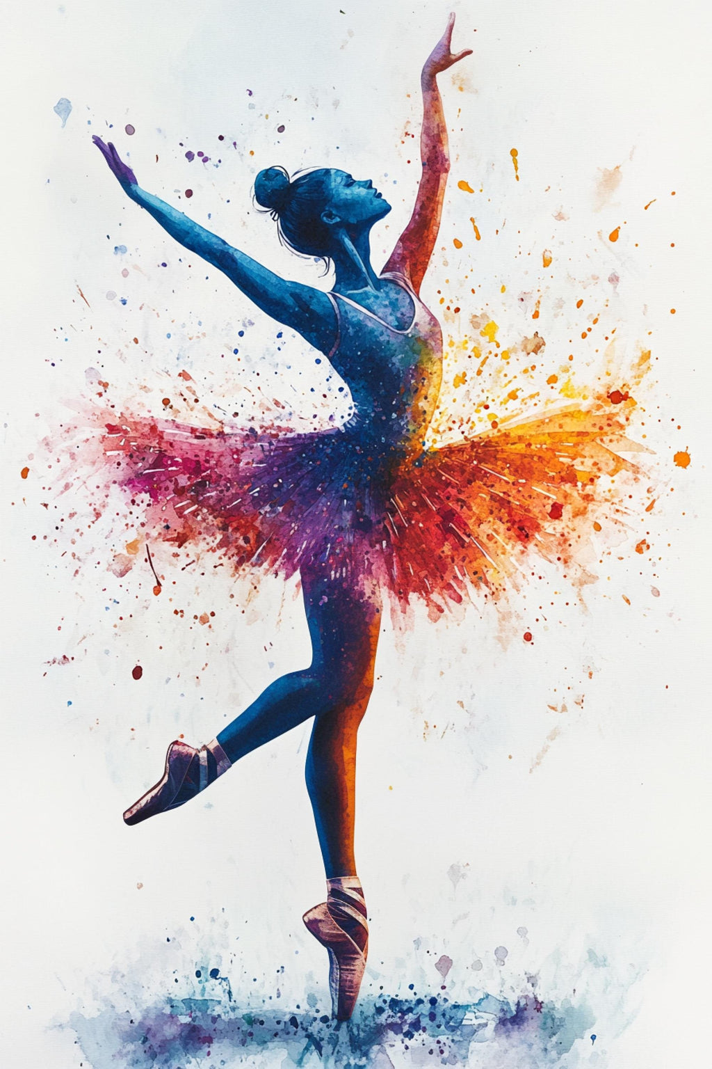 A digital illustration of a ballerina in a tutu performing a graceful dance pose, with splashes of color surrounding her.