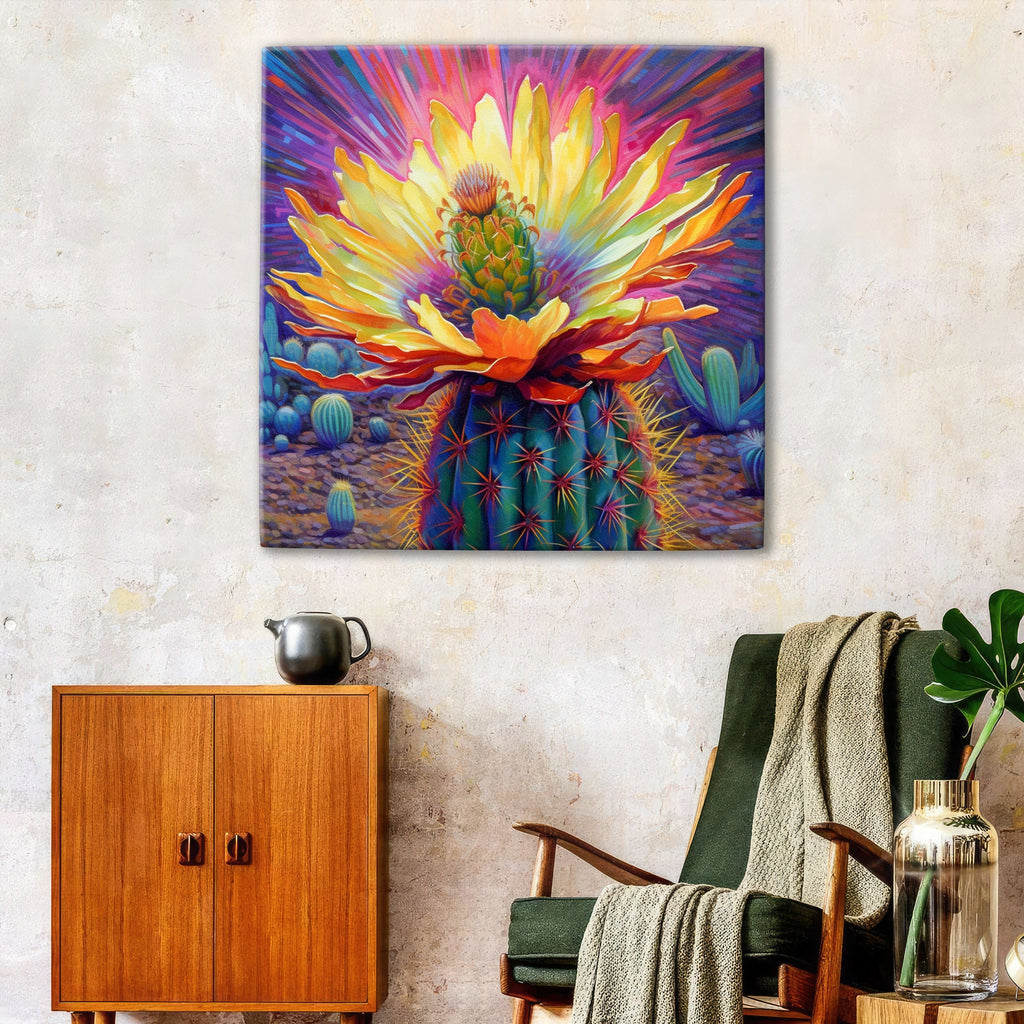 Saguaro Bloom Canvas – Vibrant Desert Cactus Art | Large Colorful Wall Print