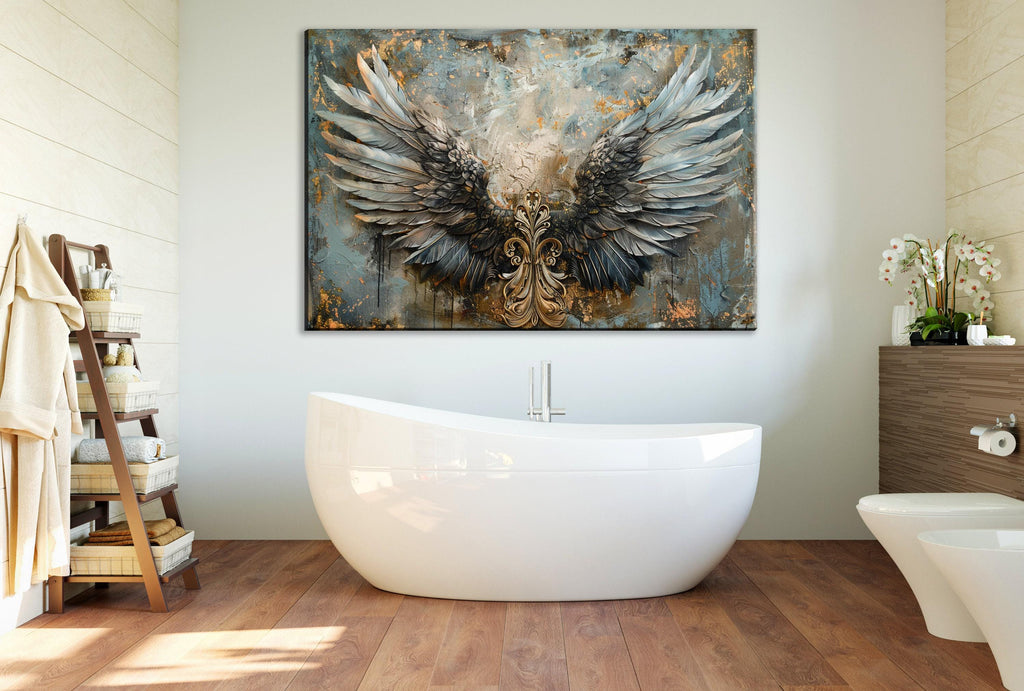 Angel Wings Wall Art – Large Canvas Art | Blue and Gold Painting, Ornate Feather Design