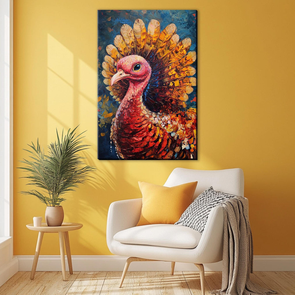 a vibrant painting of a colorful turkey hanging on a yellow wall in a cozy living room setting.