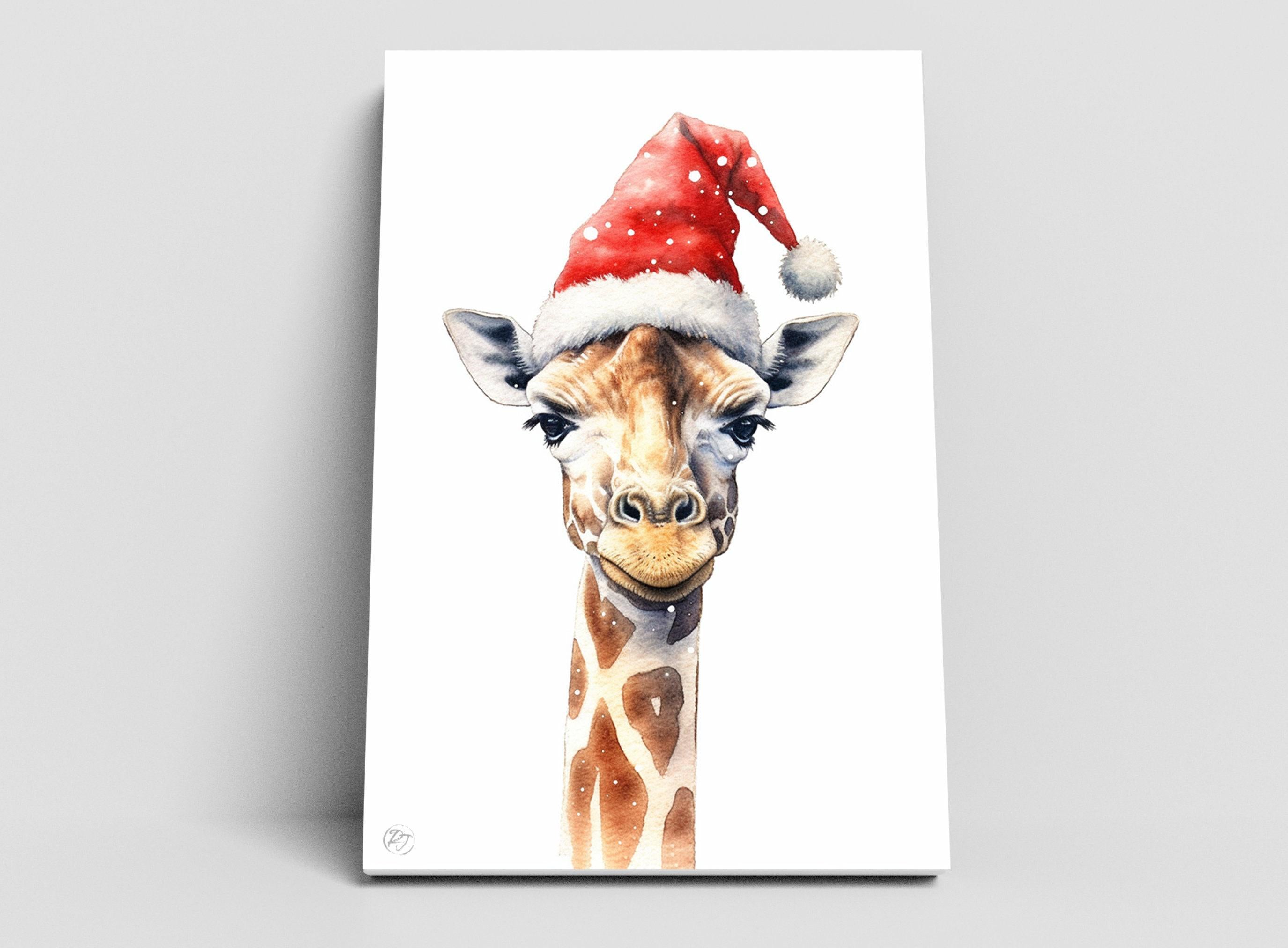 Festive Giraffe in Santa Hat Watercolor Art Print, Giclee Print on Canvas, Artist Paper, Watercolor Paper, Available in Extra Large Sizes