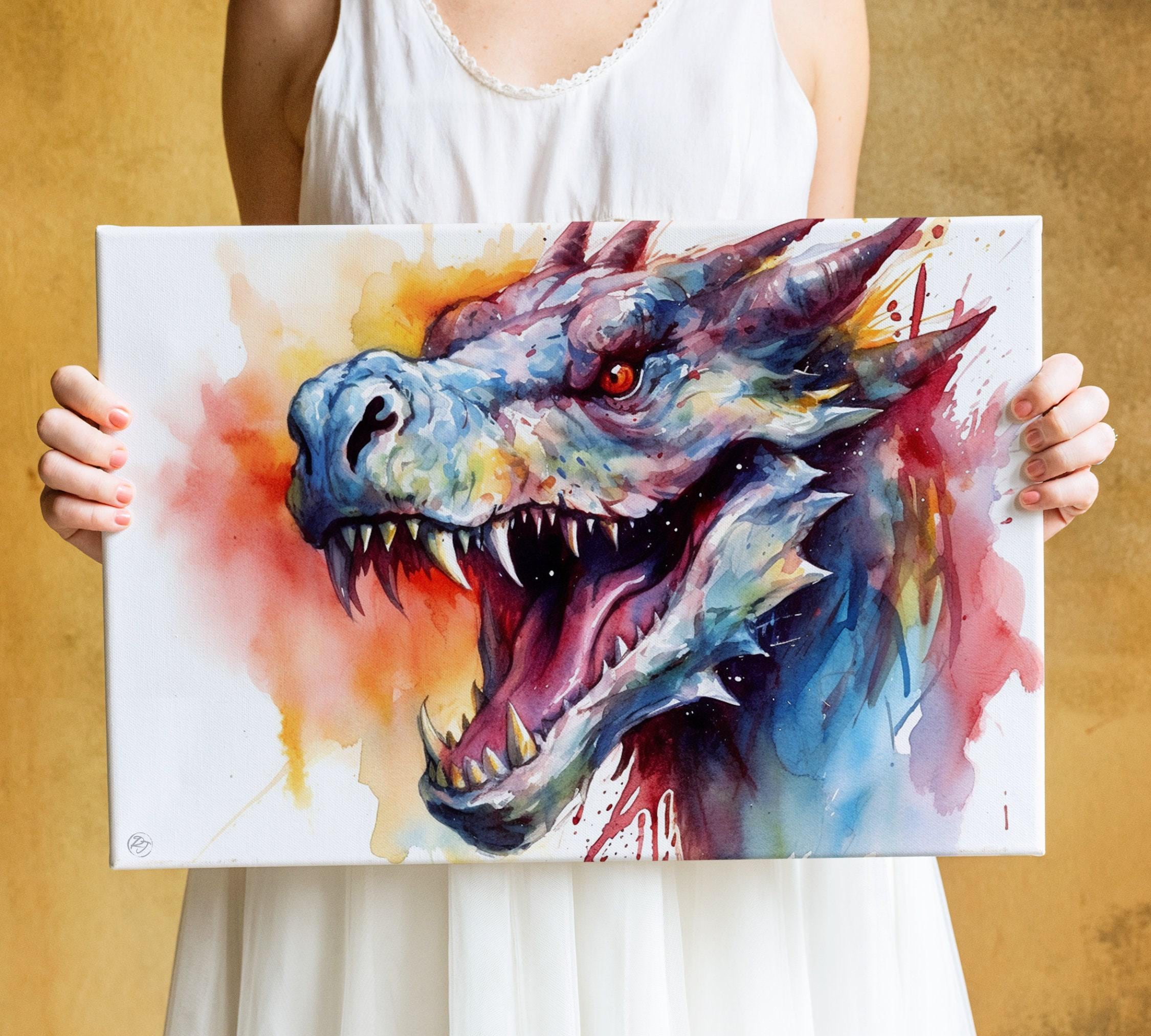 Fantasy Serpent Charm: Dragon Watercolor Painting, Giclee Print on Canvas, Artist Paper, Watercolor Paper, Available in Extra Large Sizes
