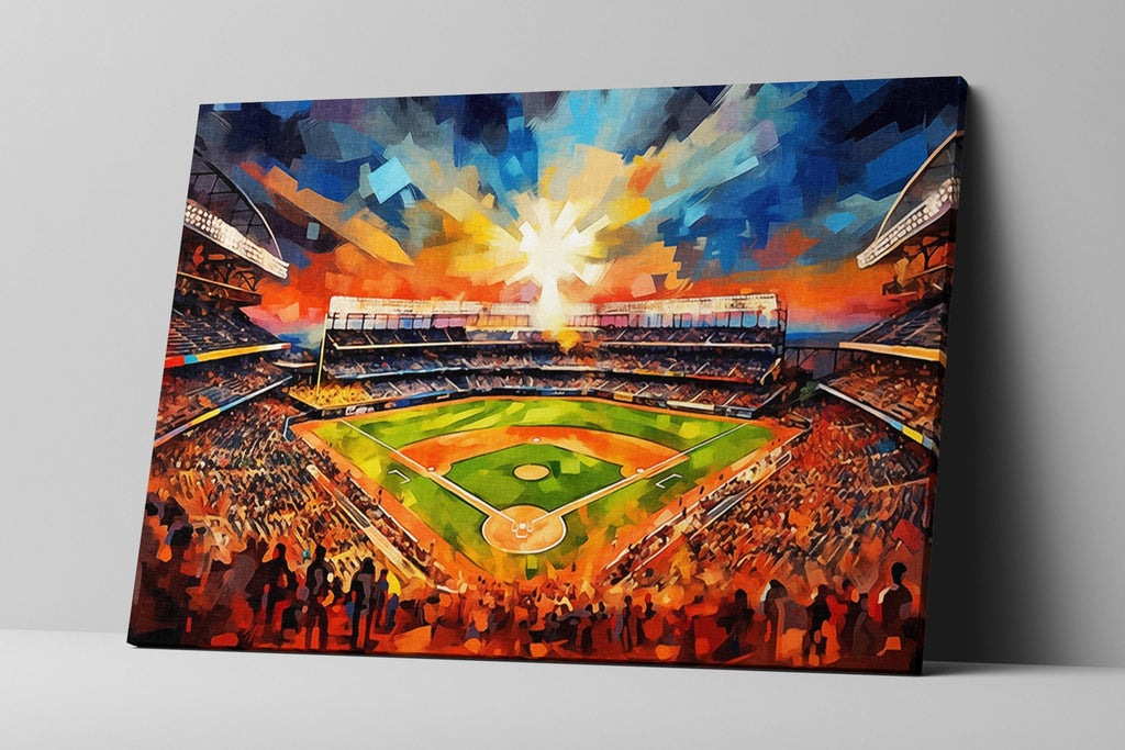 A vibrant, colorful painting depicting a lively baseball stadium filled with spectators during a game.