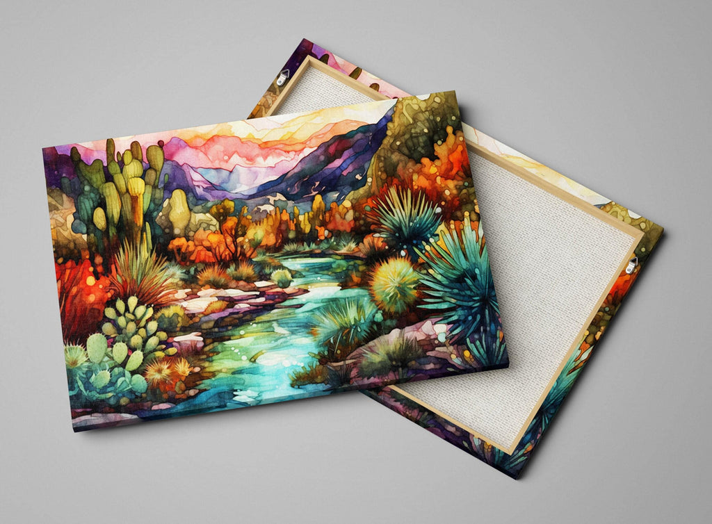 The image is a vibrant watercolor painting depicting a lush, colorful desert landscape with a winding river, cacti, and other desert flora.