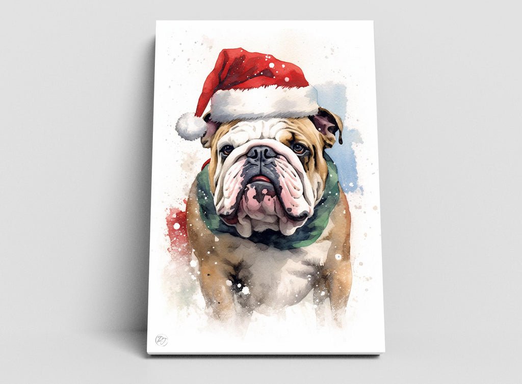 Festive English Bulldog in Santa Hat Watercolor Art, Giclee Print on Canvas, Artist Paper, Watercolor Paper, Available in Extra Large Sizes