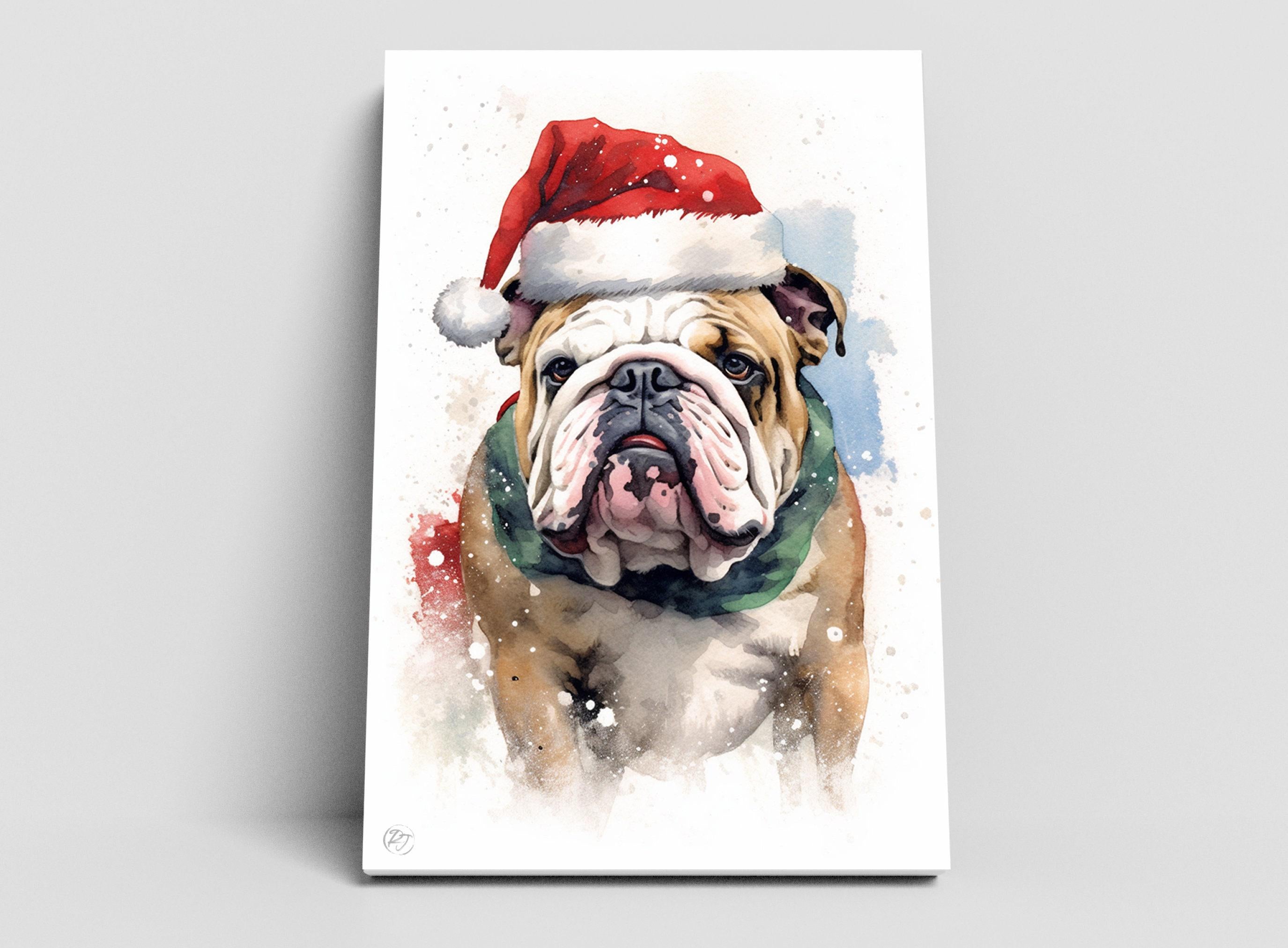 Festive English Bulldog in Santa Hat Watercolor Art, Giclee Print on Canvas, Artist Paper, Watercolor Paper, Available in Extra Large Sizes