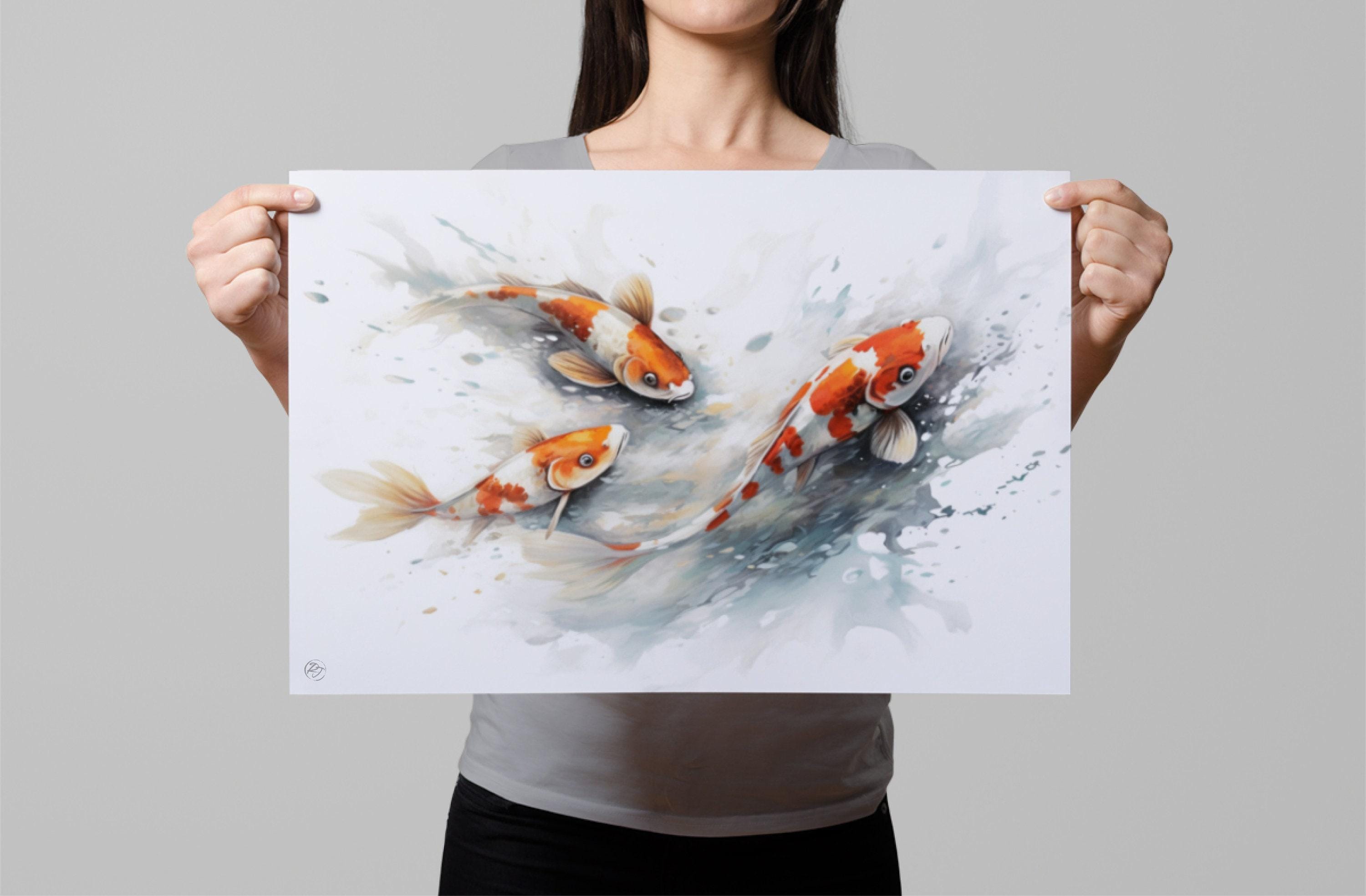 Serene Koi Fish Watercolor Wall Art - Giclee Print on Canvas, Artist Paper, Watercolor Paper, Available in Extra Large Sizes
