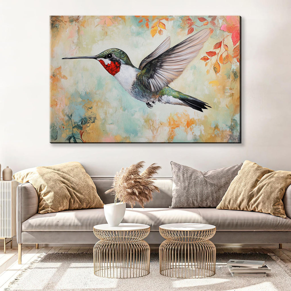 a painting of a hummingbird flying over a couch