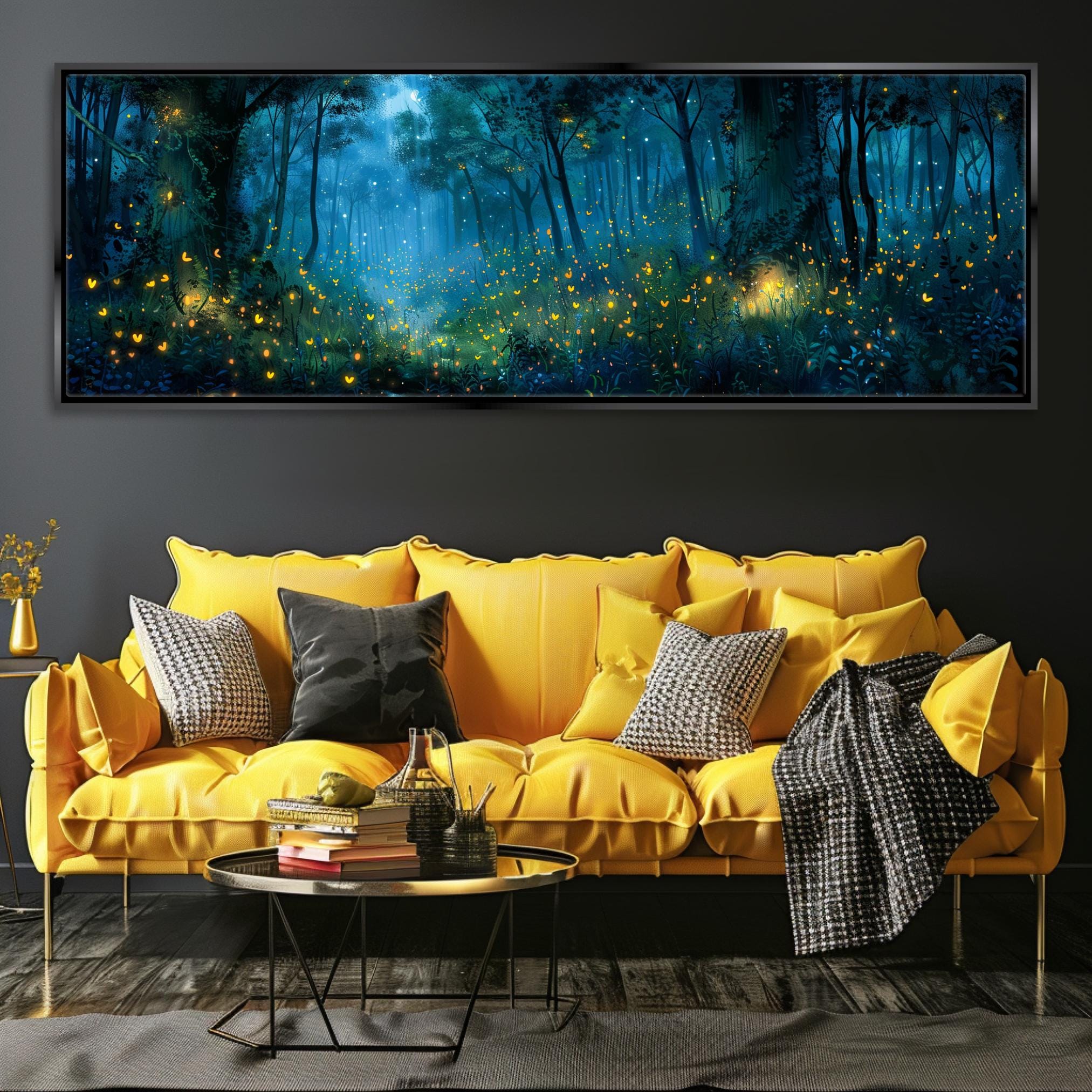 a living room with a yellow couch and a painting on the wall