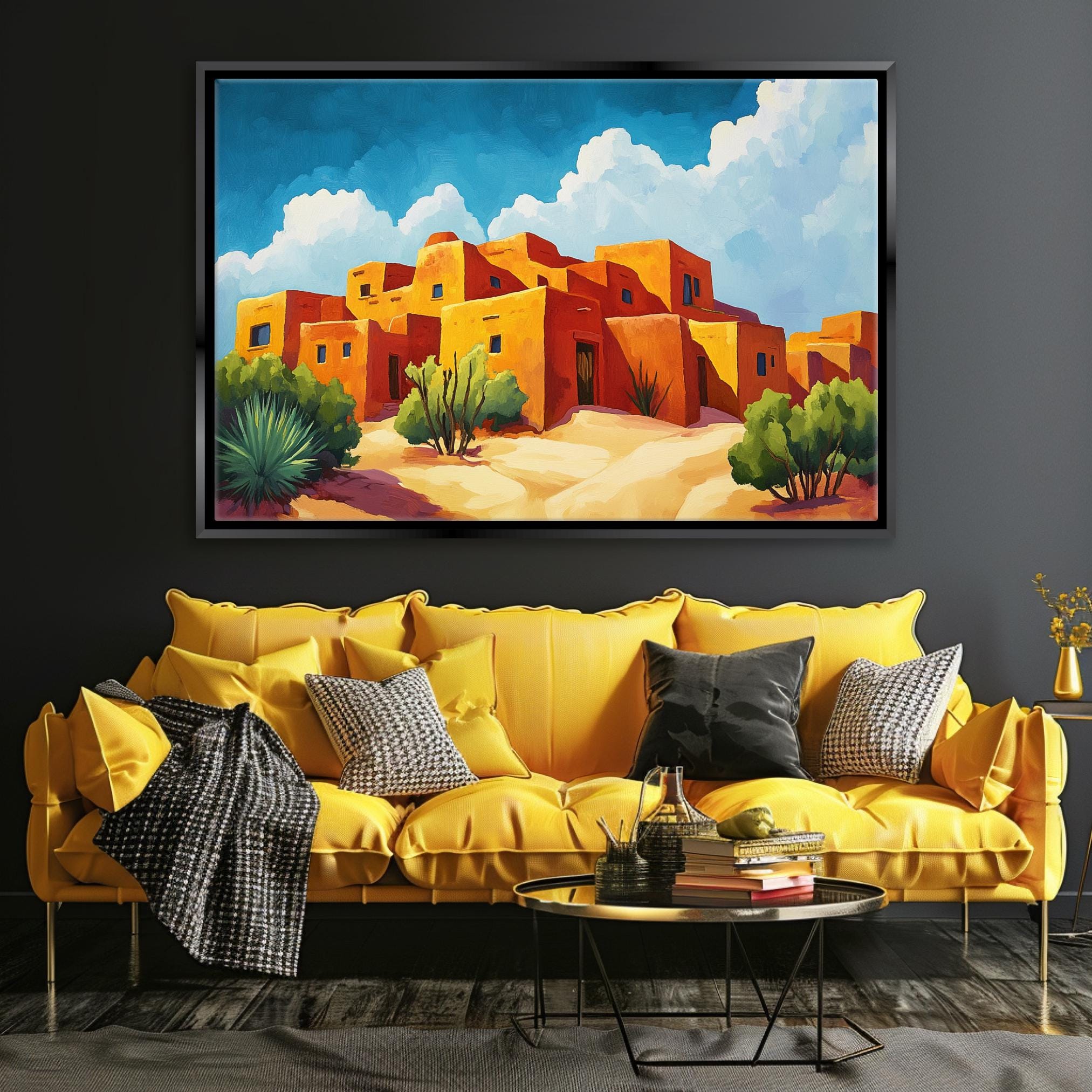 a living room with a yellow couch and a painting on the wall