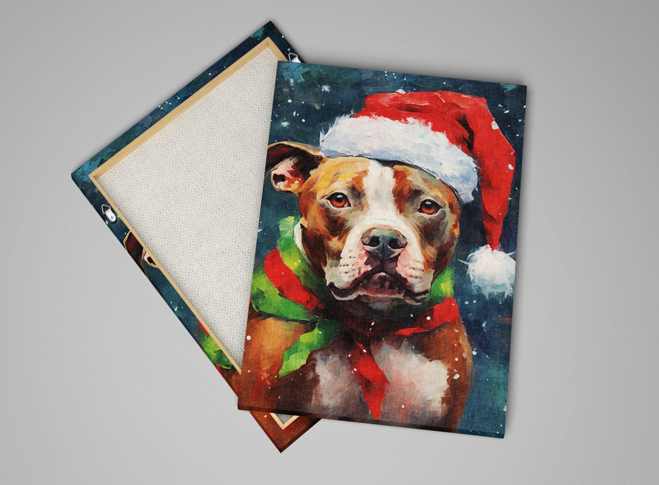 Christmas Pitbull Painting | Santa Hat Dog Art, Giclee Artist Print, Holiday Pet Artwork Canvas