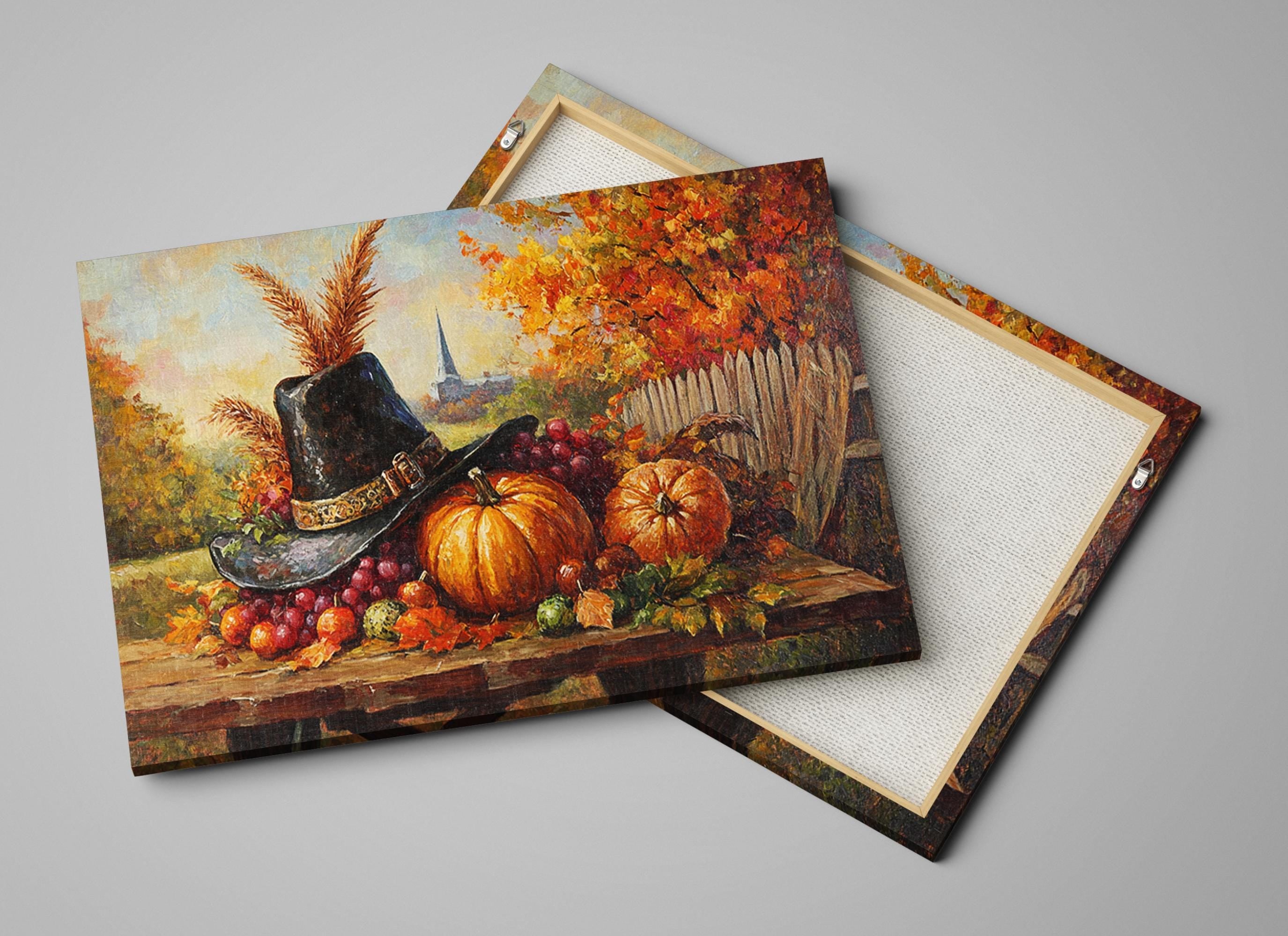 The image is a painting depicting a still life arrangement of a cowboy hat, pumpkins, grapes, and a wooden fence, all set against a backdrop of autumn foliage.