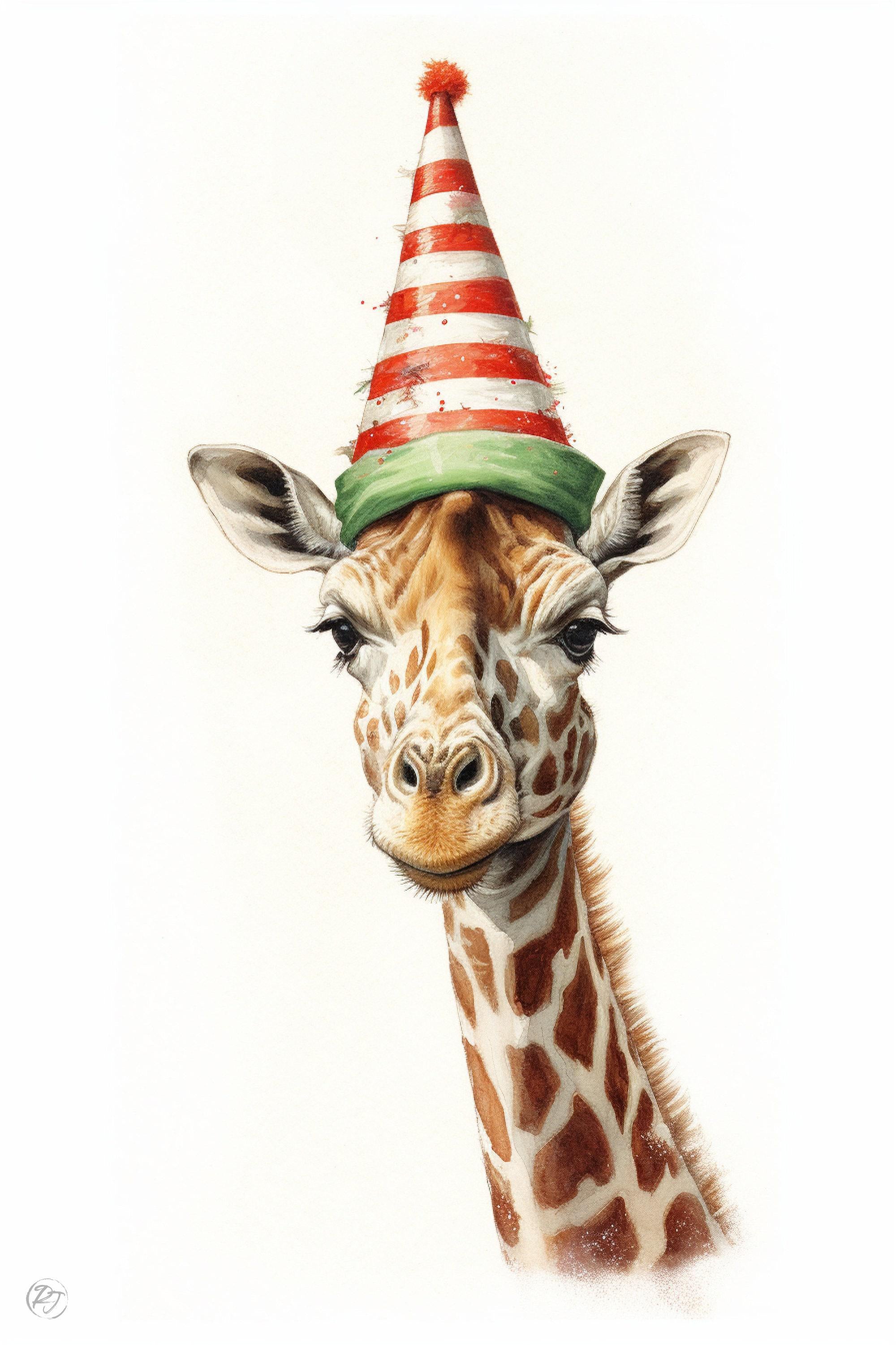 Christmas Safari - Watercolor Giraffe with Santa Hat, Giclee Print on Canvas, Artist Paper, Watercolor Paper, Available in Extra Large Sizes