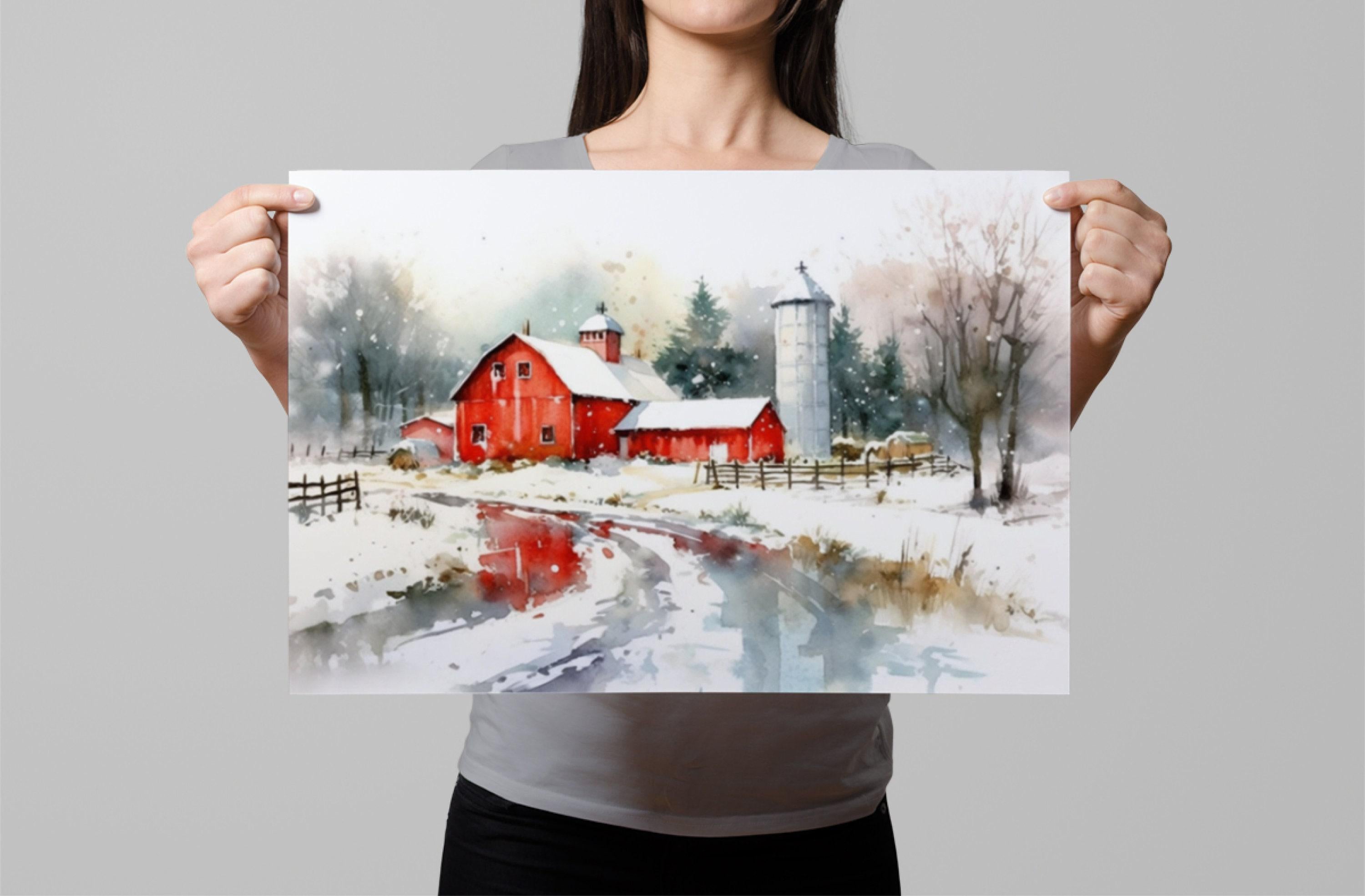 Rural Christmas Watercolor - Festive Farmhouse Art, Giclee Print on Canvas, Artist Paper, Watercolor Paper, Available in Extra Large Sizes