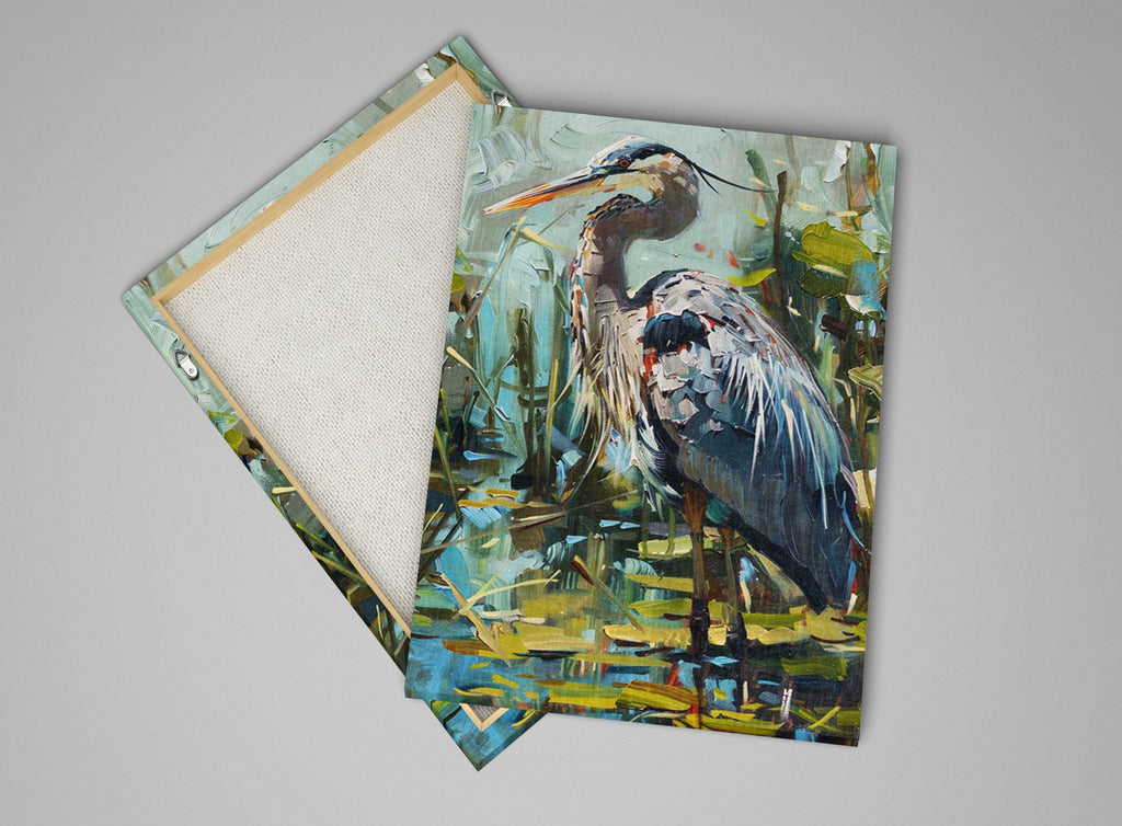 a large blue heron standing in a pond, surrounded by lush greenery.