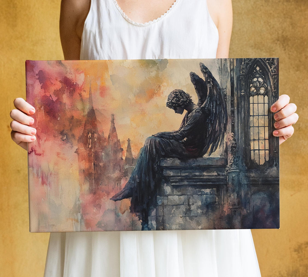 A person is holding a framed painting depicting an angel sitting on a ledge, with a castle in the background.