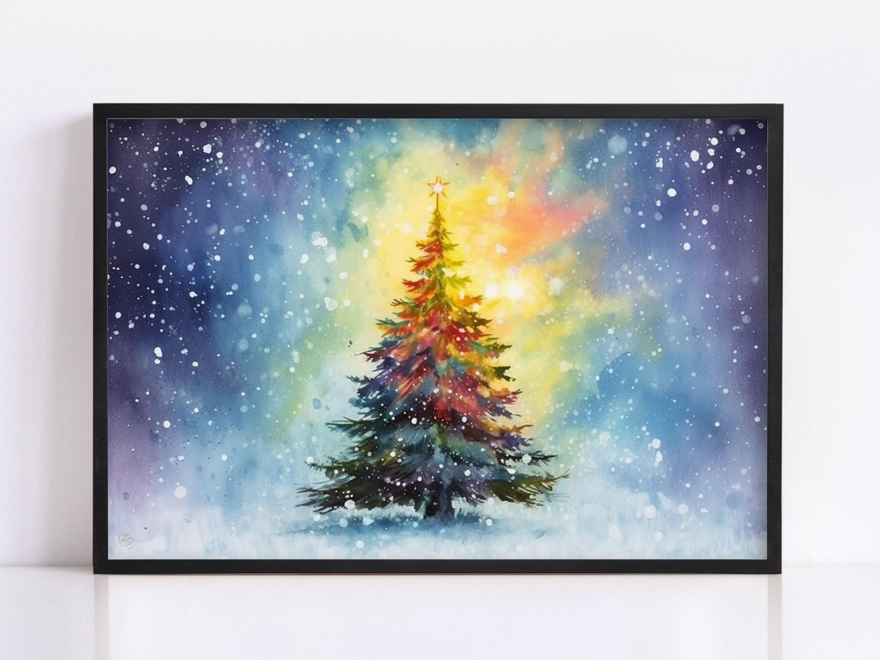 Joyful Holiday Tree Watercolor - Christmas Wall Art, Giclee Print on Canvas, Artist Paper, Watercolor Paper, Available in Extra Large Sizes