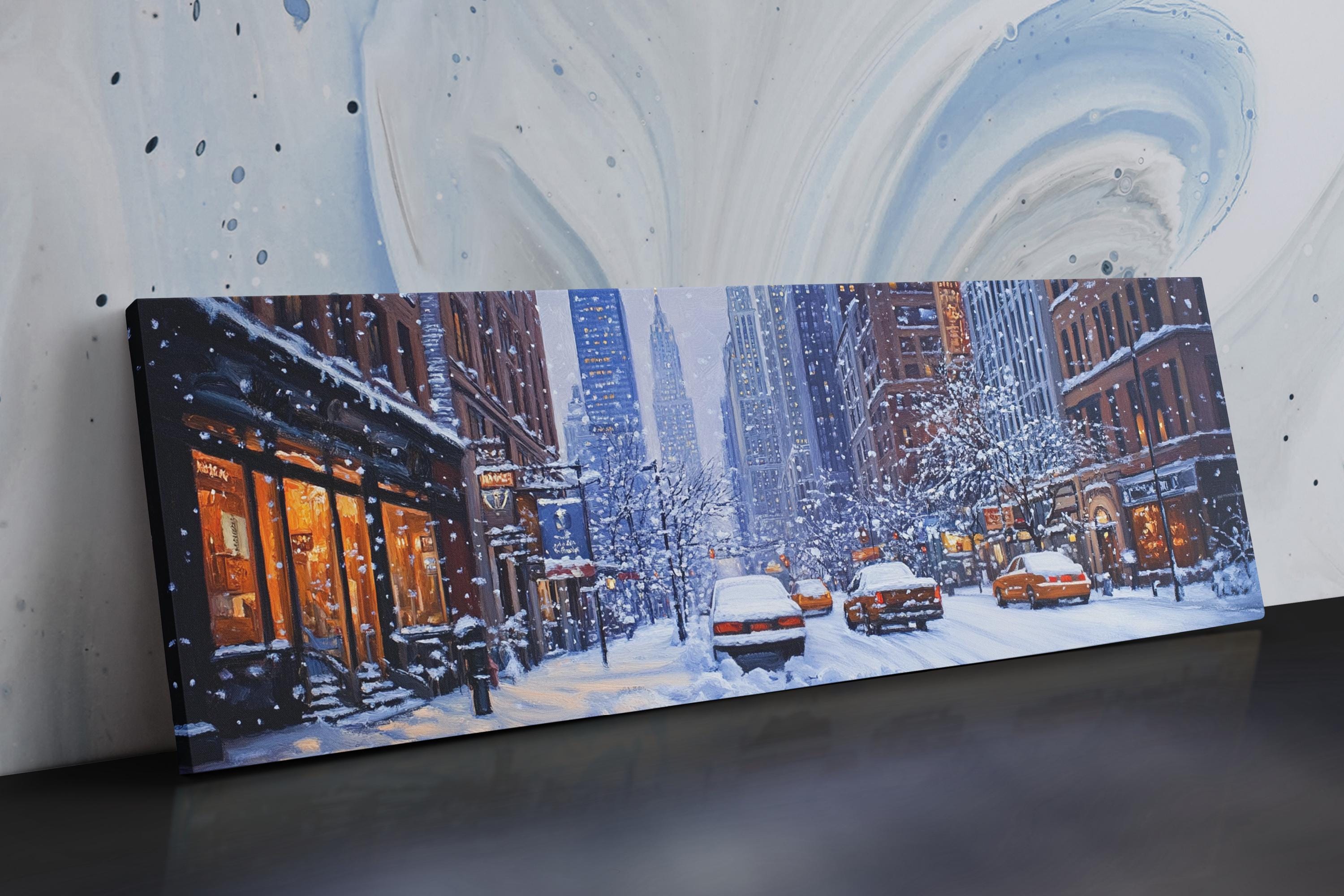 a painting of a city street covered in snow