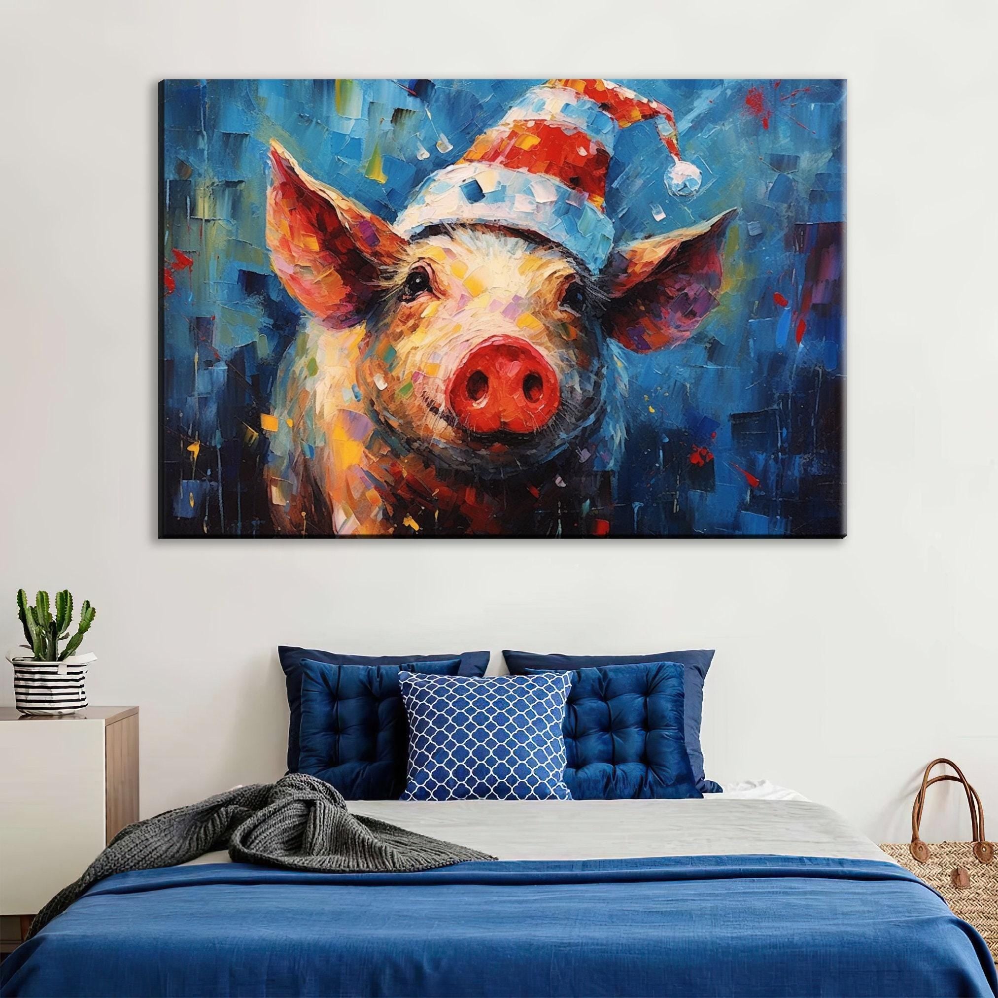 Santa Pig Painting - Whimsical Christmas Canvas Art | Extra Large Gallery Wrapped Print