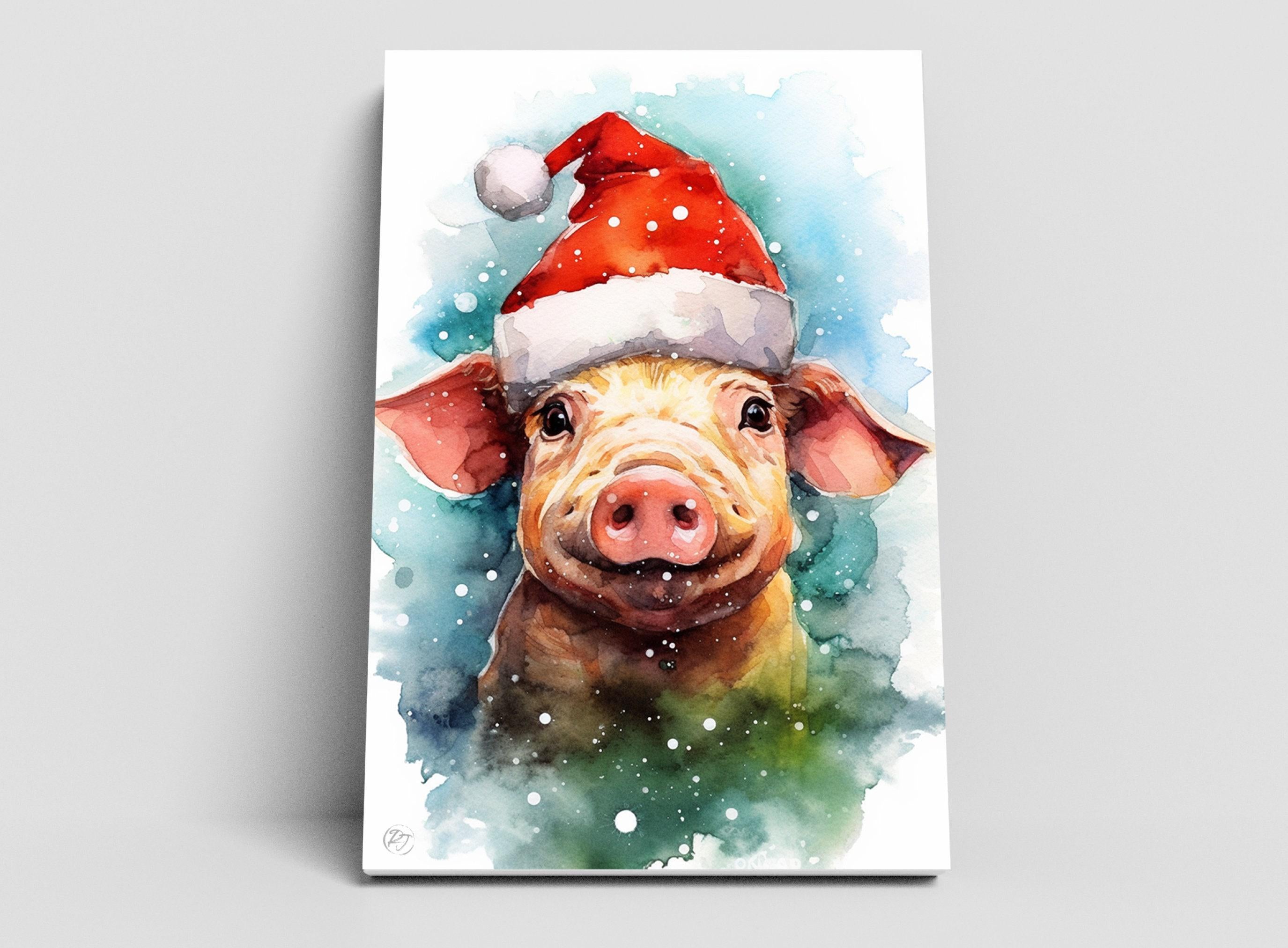 Santa Pig Watercolor - Holiday Farmhouse Decor, Giclee Print on Canvas, Artist Paper, Watercolor Paper, Available in Extra Large Sizes
