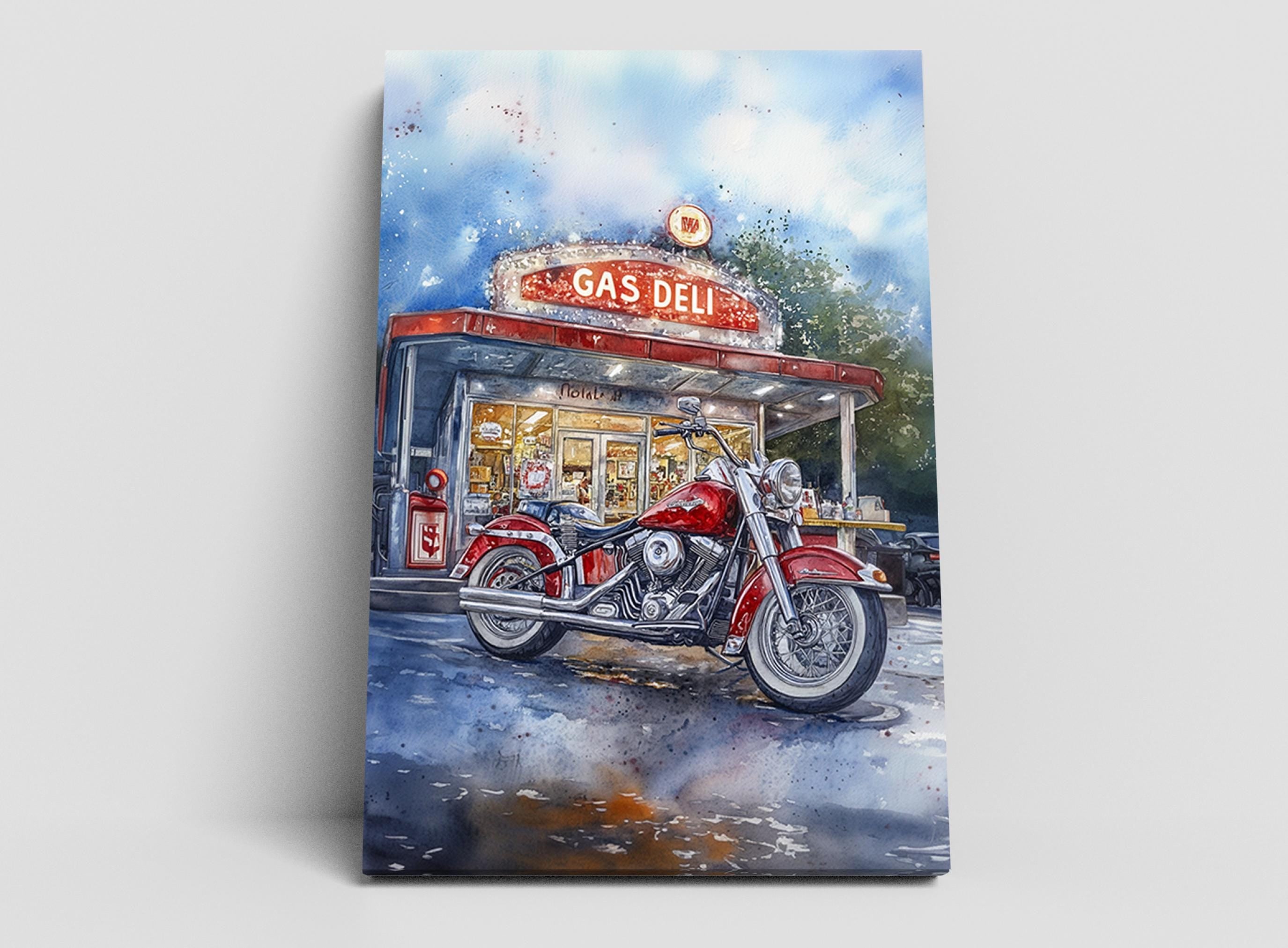 A red motorcycle parked in front of a gas station with a sign that reads "GAS DELI".