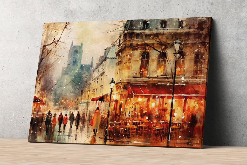 Winter in Paris Watercolor Painting - Holiday Art, Giclee Print on Canvas, Artist Paper, Watercolor Paper, Available in Extra Large Sizes