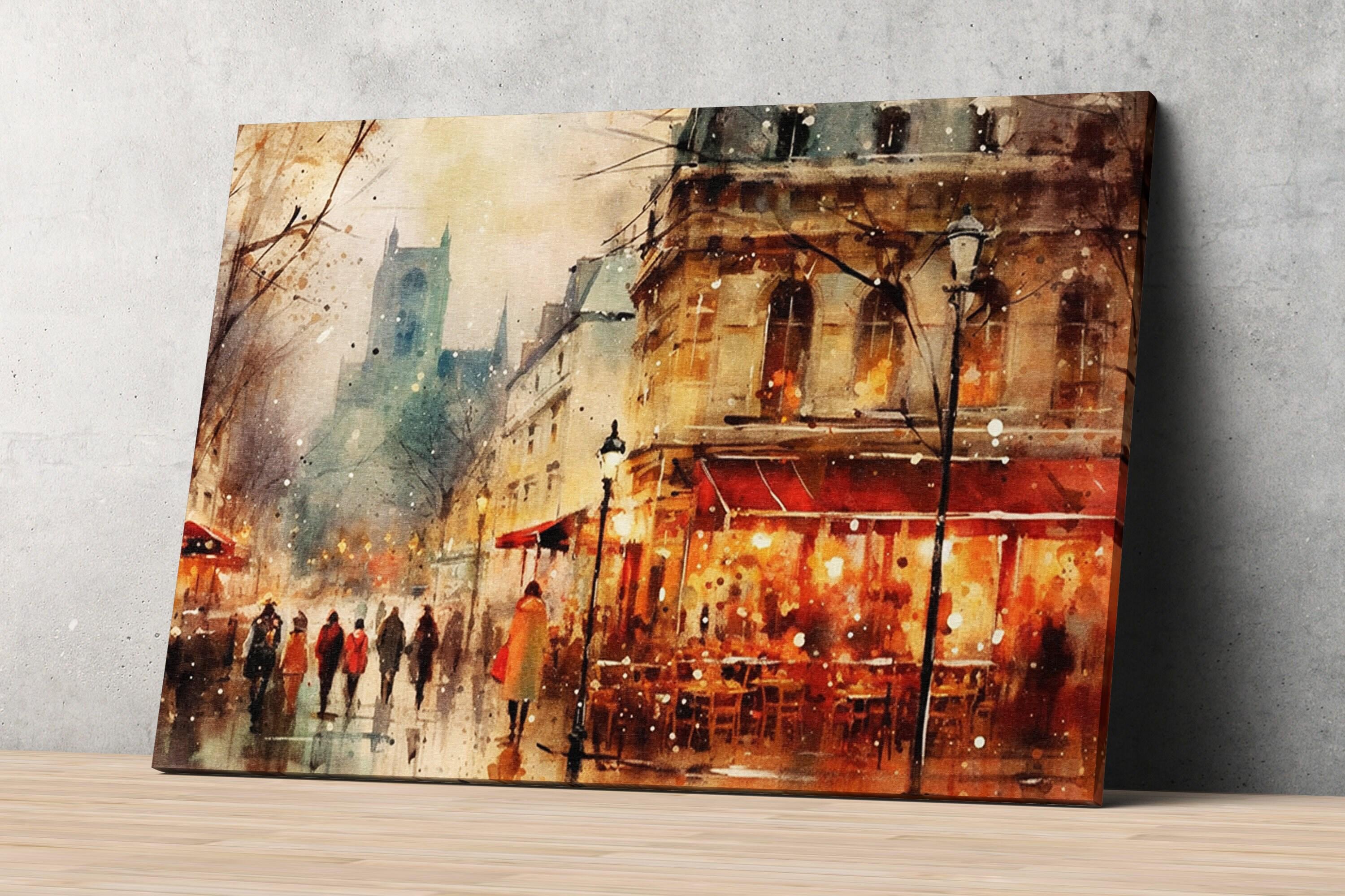 Winter in Paris Watercolor Painting - Holiday Art, Giclee Print on Canvas, Artist Paper, Watercolor Paper, Available in Extra Large Sizes