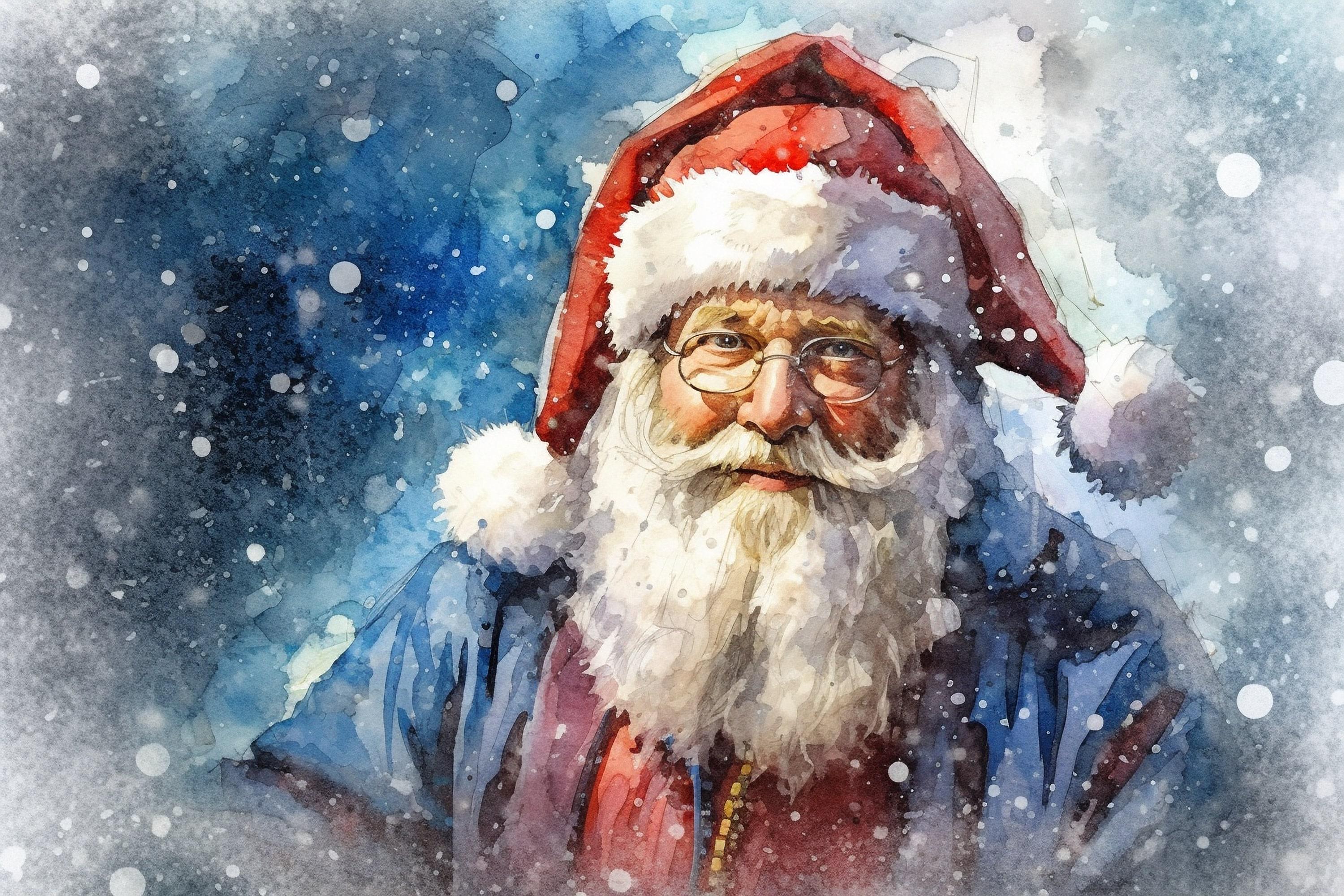 Santa Claus Watercolor - Festive Holiday Wall Art, Giclee Print on Canvas, Artist Paper, Watercolor Paper, Available in Extra Large Sizes