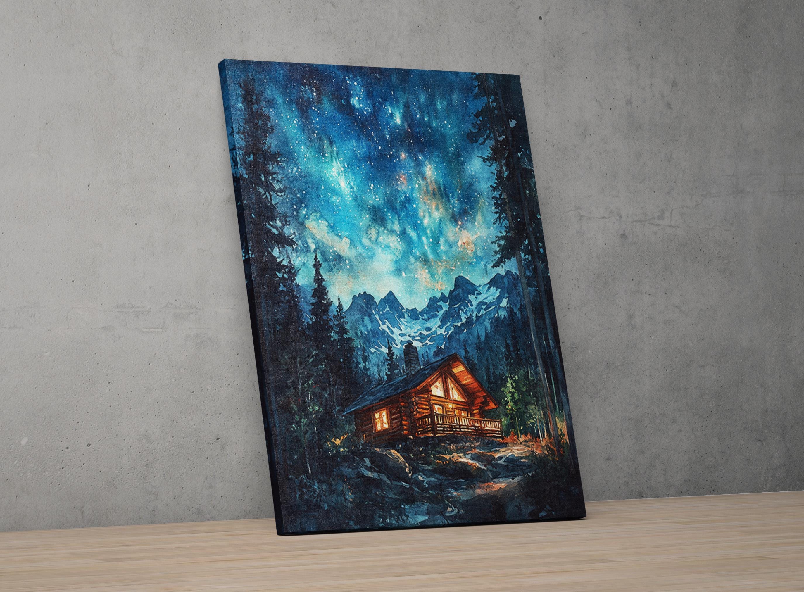 a cozy cabin nestled in a serene forest, with a starry night sky overhead.