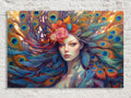 Peacock Feather Canvas | Large Canvas Print of Female Portrait Art with Vibrant Color