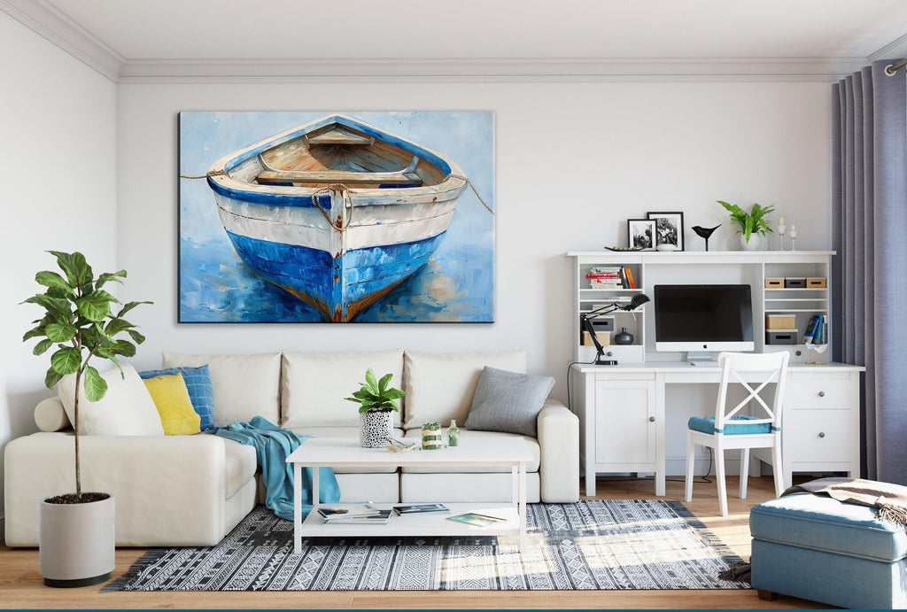a cozy living room with a large blue and white boat painting on the wall, a white sofa, a coffee table, a television, and a bookshelf.