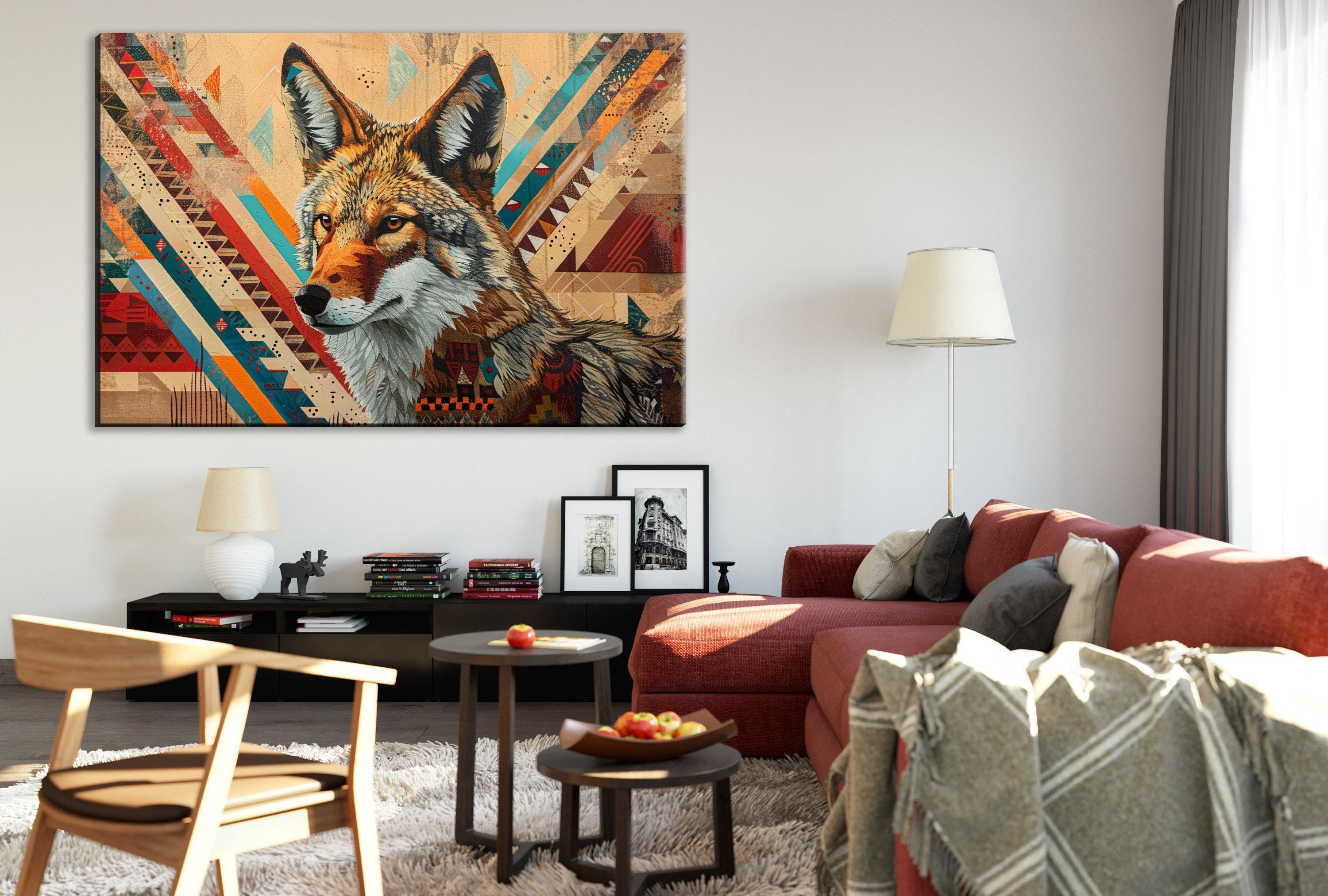 Tribal Coyote Wall Art – Native American Art on Extra Large Gallery Wrapped Canvas