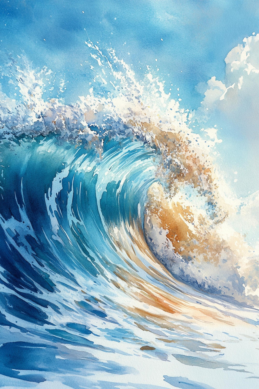a powerful, crashing wave with a mix of blue and orange hues, creating a sense of movement and energy.
