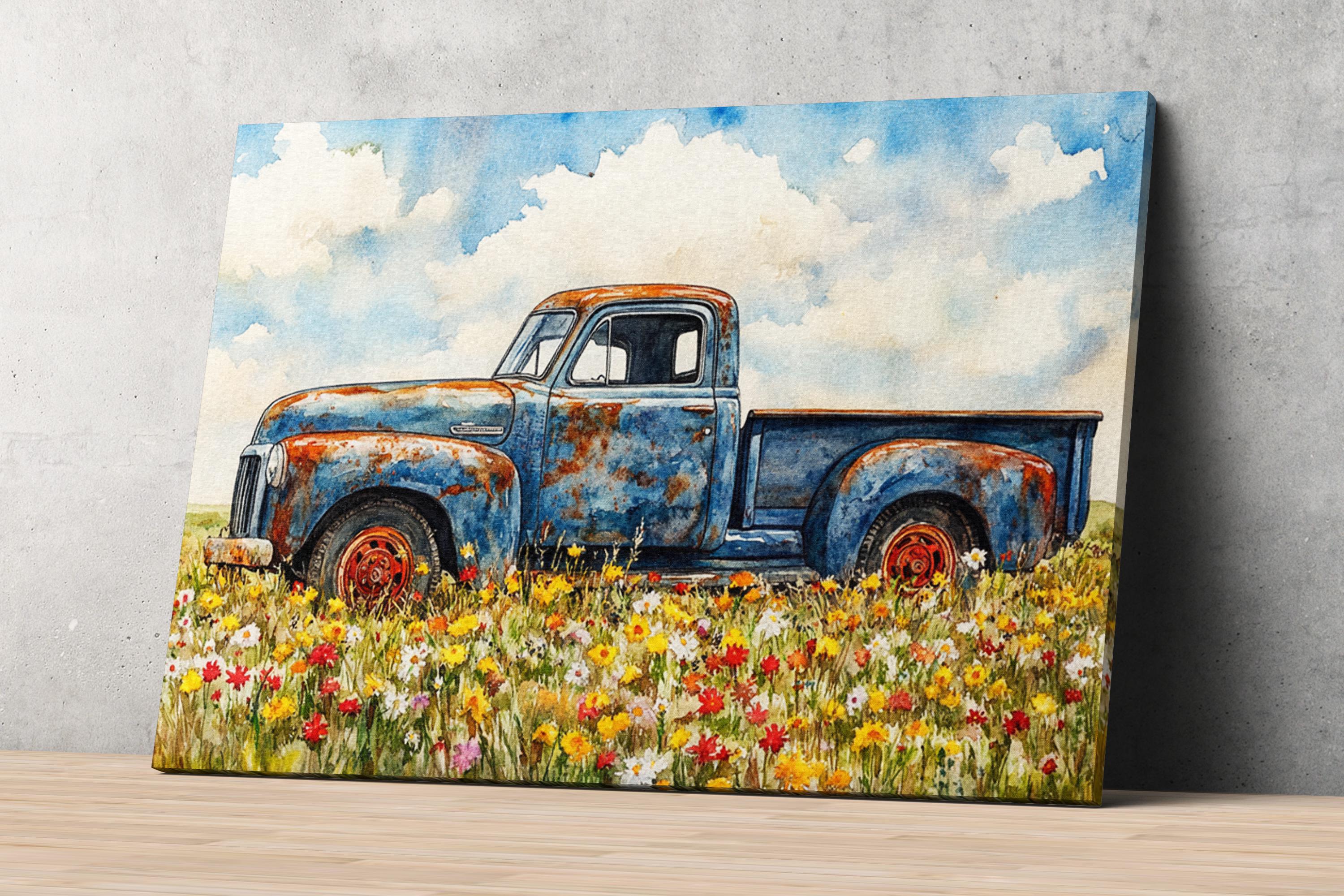 an old, rusted blue pickup truck parked in a field of colorful wildflowers.