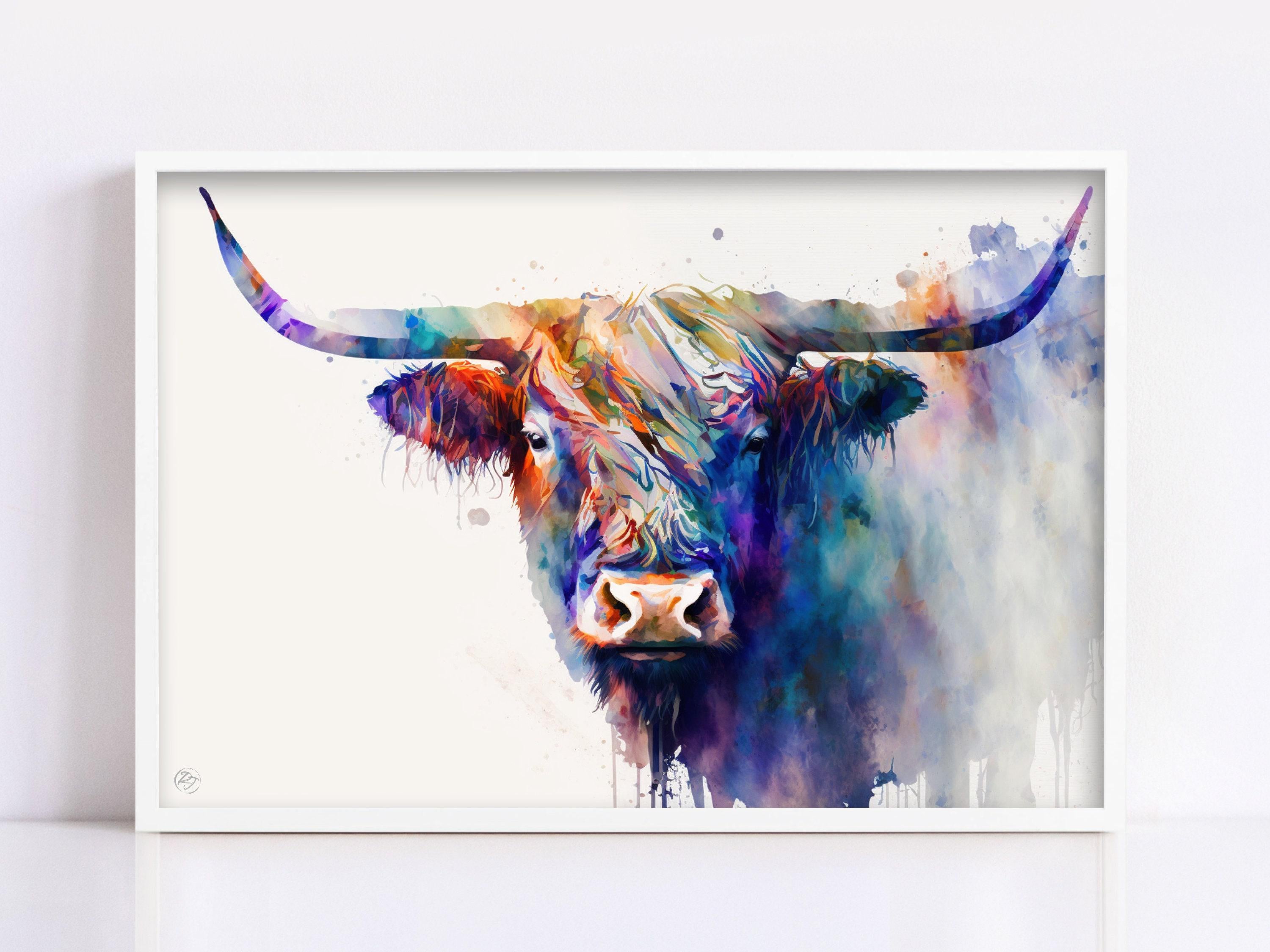 Scotland's Icon: Watercolor Highland Cow Wall Decor, Giclee Print on Canvas, Artist Paper, Watercolor Paper, Available in Extra Large Sizes
