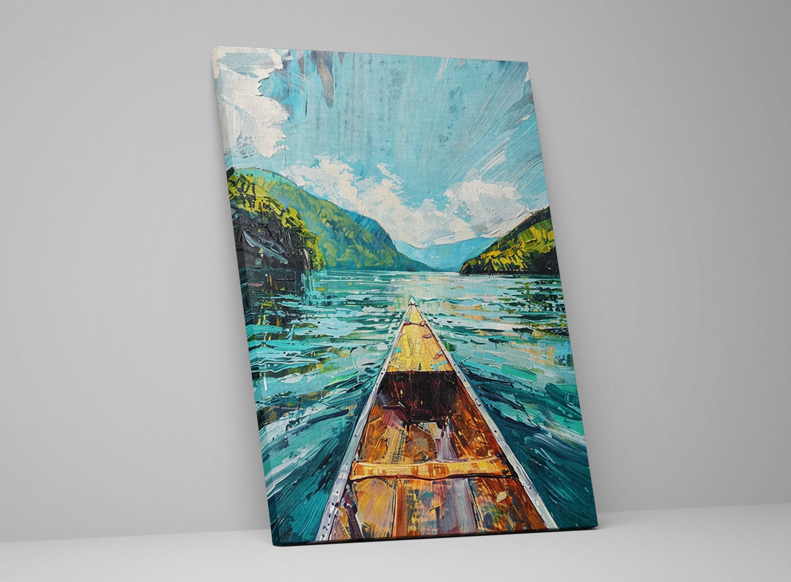 Canoe Wall Art – Rustic River Canvas Print | Large Gallery Wrapped Nature Artwork