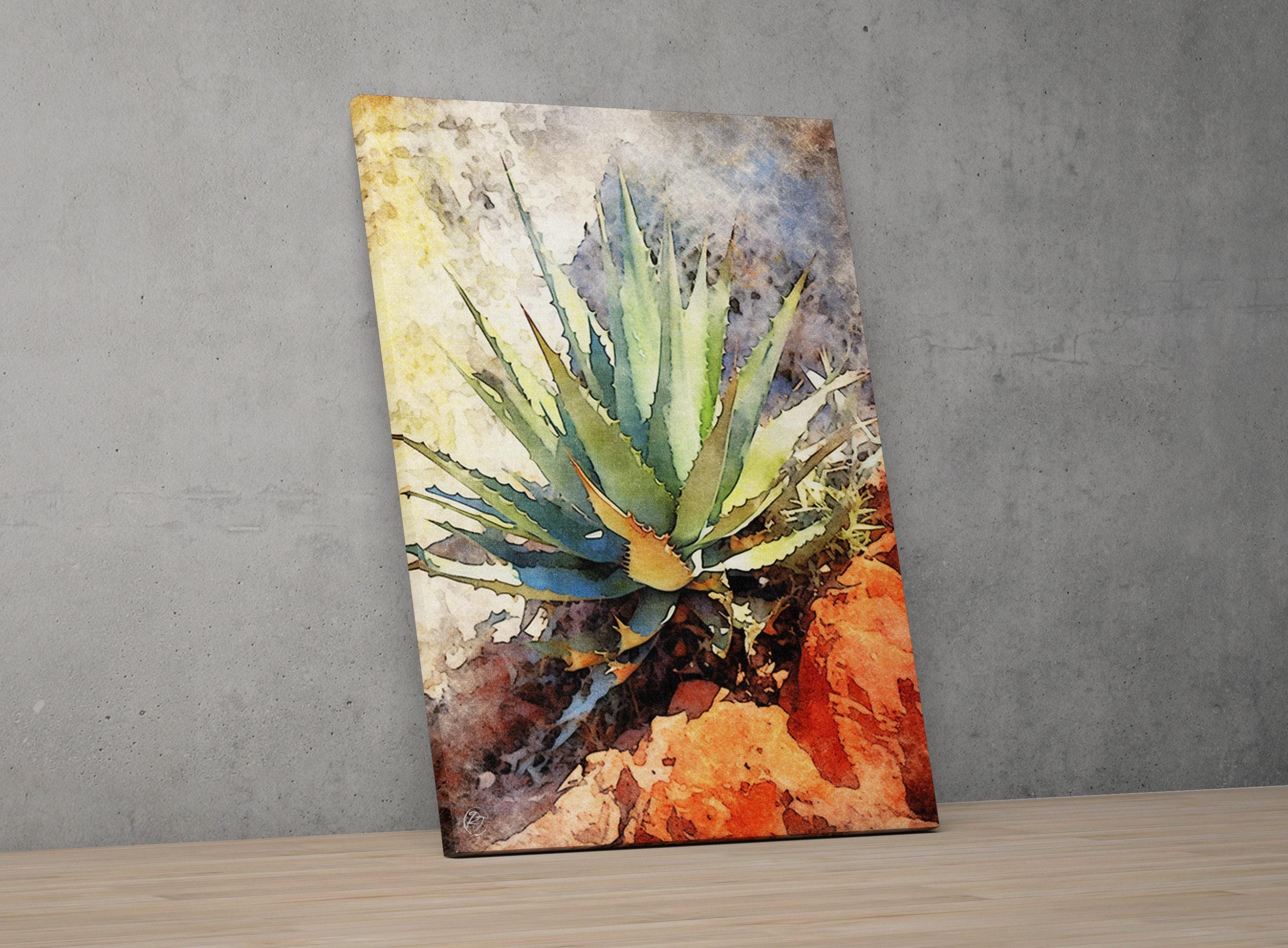 The image is a watercolor painting of a cactus plant with long, thin leaves and a vibrant green color.
