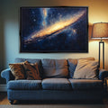 a living room with a couch and a painting on the wall